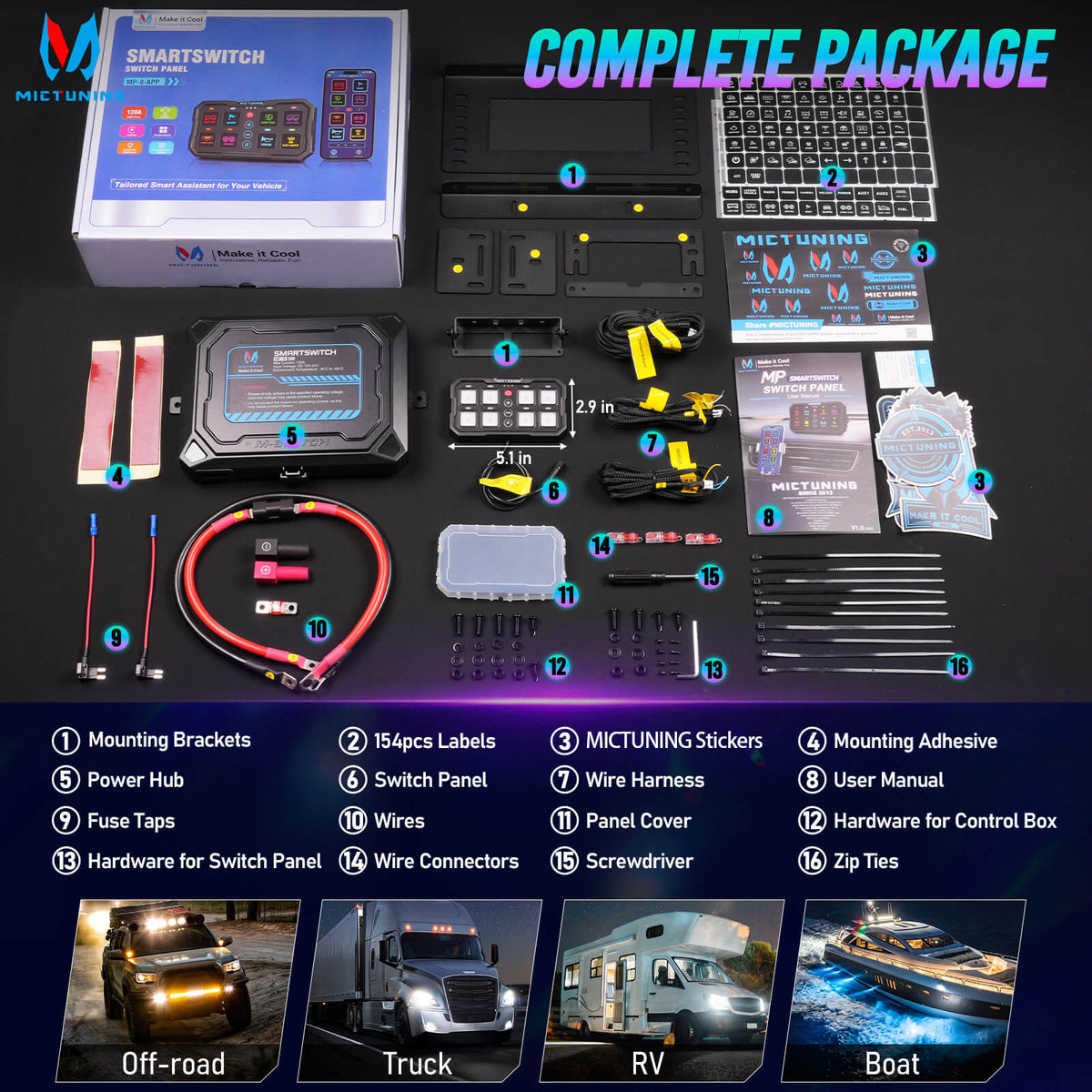 Newest MP Smart Switch Panel 8 Gang, 120A High Current, Trigger & DRL Control, App & Apple CarPlay, Group Control, Low-Voltage Auto Cutoff