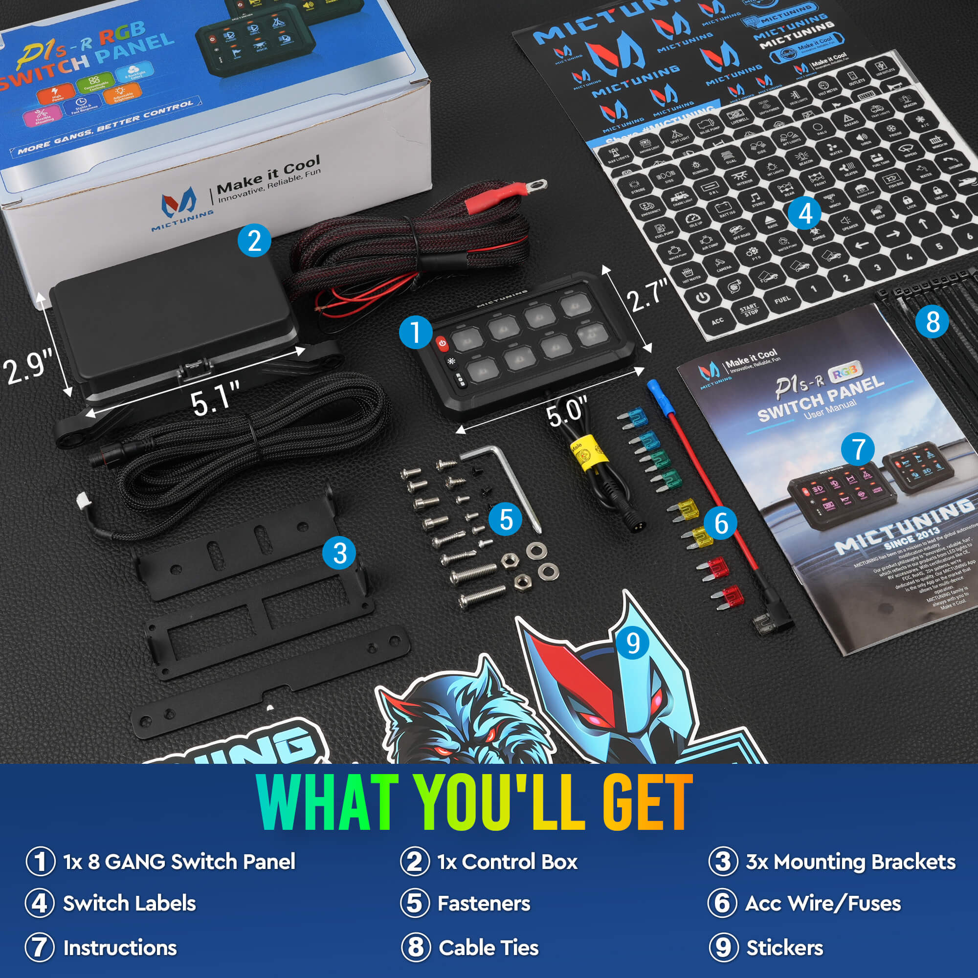 P1s-R 6 Gang/8 Gang Switch Panel, RGB Colors Adjustable Brightness, On-Off Toggle Switch Momentary Circuit Control Relay System Box