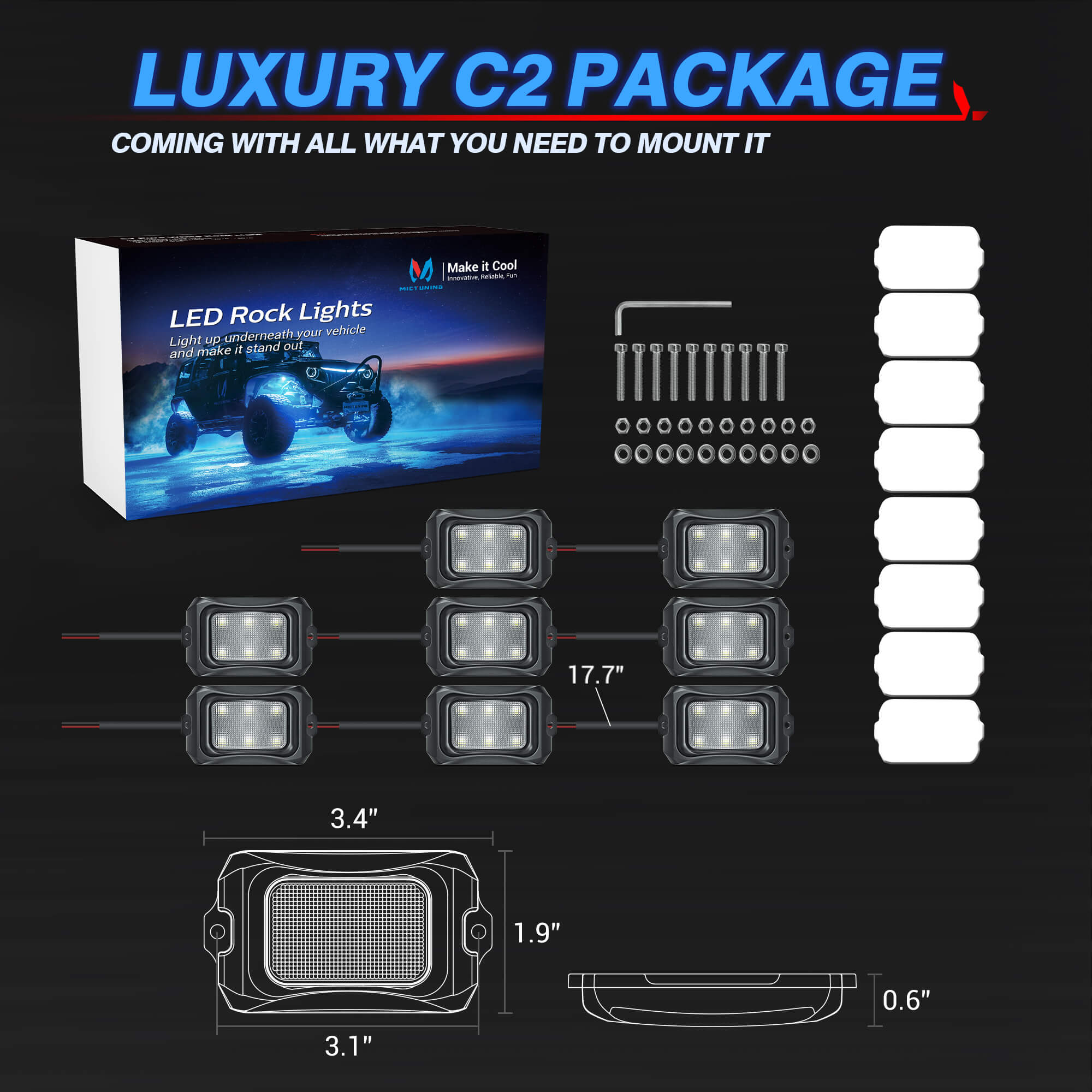 C2 Curved LED Rock Light Pure Sigle Color 4-16 Pods, White/Blue/Green