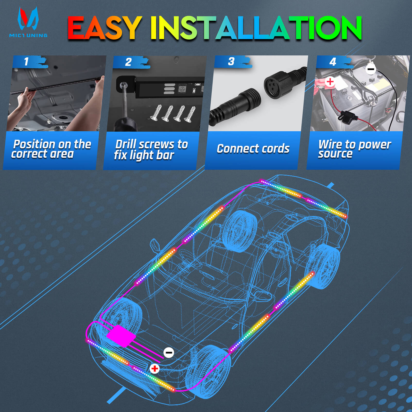 N8 Aluminum LED Car Underglow Light Kit, Exterior Underbody Multicolor Light Strip 8PCS - App+Remote Control(RGBW/RGB+IC)