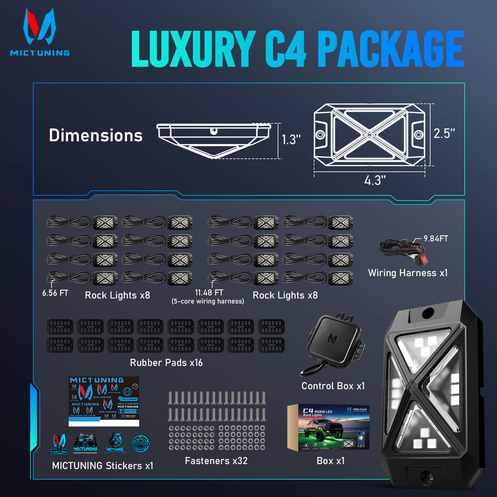 2025 Newest C4 360° Ultra-bright 4-Sided Wide Angle RGBW LED Rock Lights, Microphone Sync with APP Control, 8-16 Pods