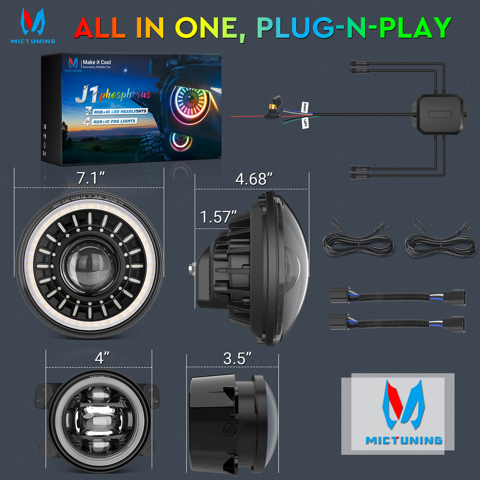 J1 RGB+IC 7″ LED Headlights with Fog Lights Assembly, Multi-color Chasing, DOT Approved For 1997-2018 Jeep Wrangler TJ JK Chevy Ford GMC