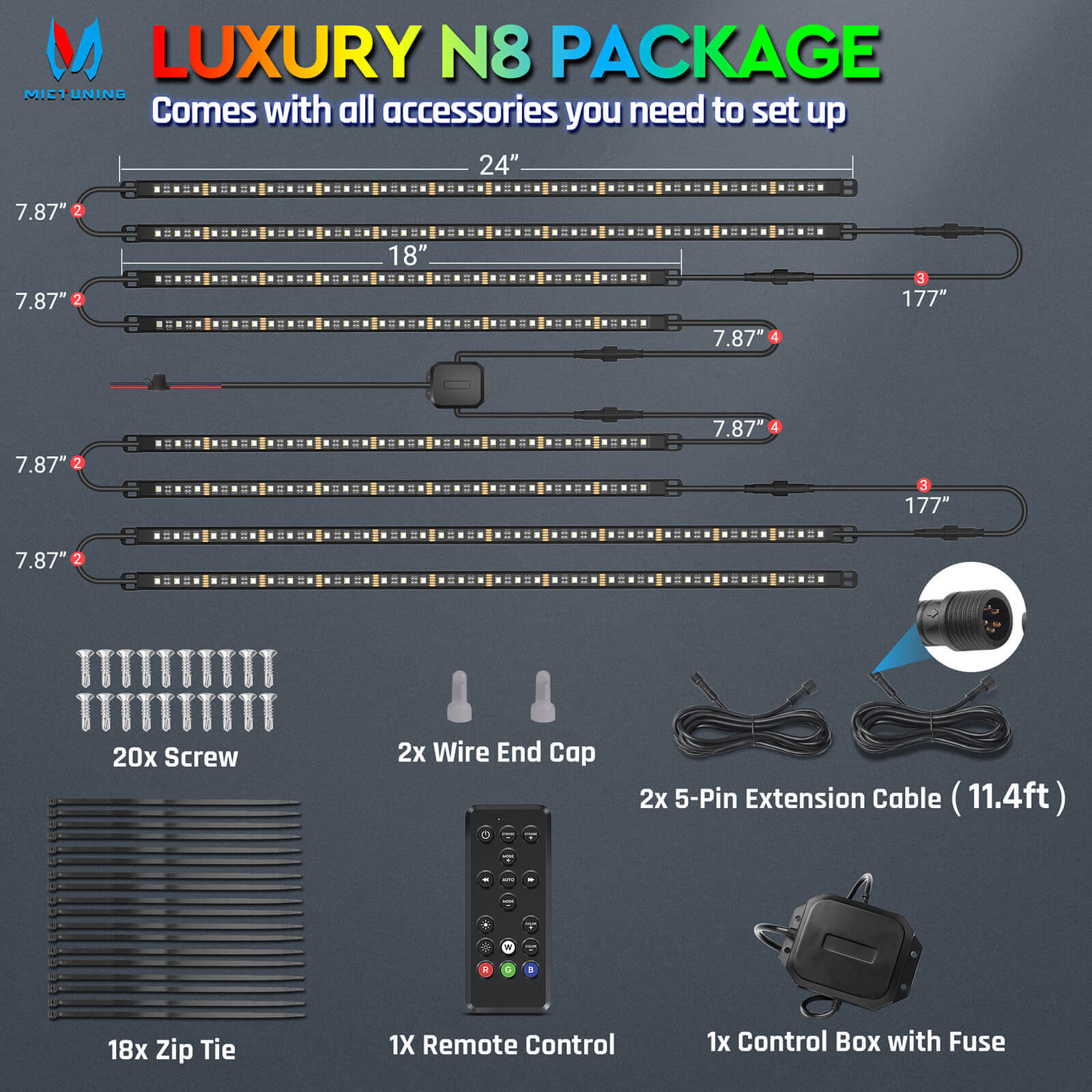 N8 Aluminum LED Car Underglow Light Kit, Exterior Underbody Multicolor Light Strip 8PCS - App+Remote Control(RGBW/RGB+IC)