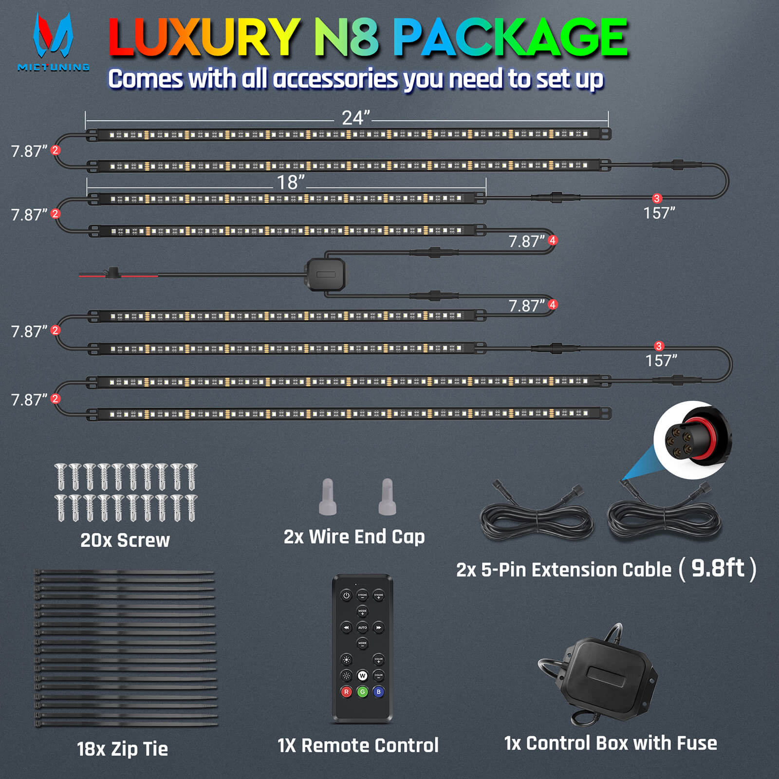 N8 RGBW LED Light Kit (SUV Version), App/Remote Control, w/ 2pcs 9.8ft Extension Cords