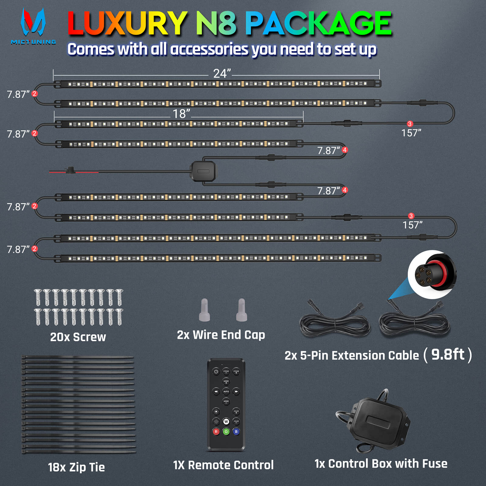 N8 Aluminum LED Car Underglow Light Kit, Exterior Underbody Multicolor Light Strip 8PCS - App+Remote Control(RGBW/RGB+IC)