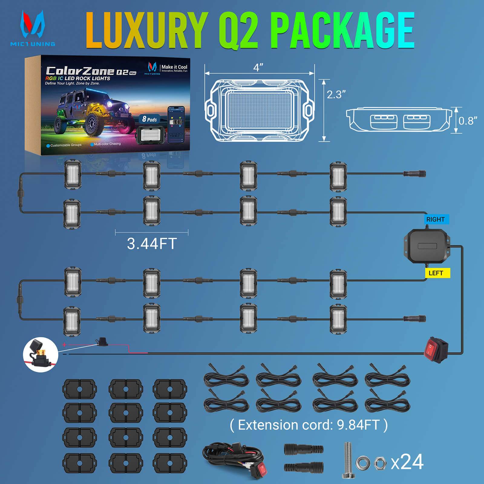 Newest Q2 MAX RGB+IC Rock Lights, 8-16 Pods Multi-Color DIY Effect Underglow Neon Kit, Individual Group Control, APP Control