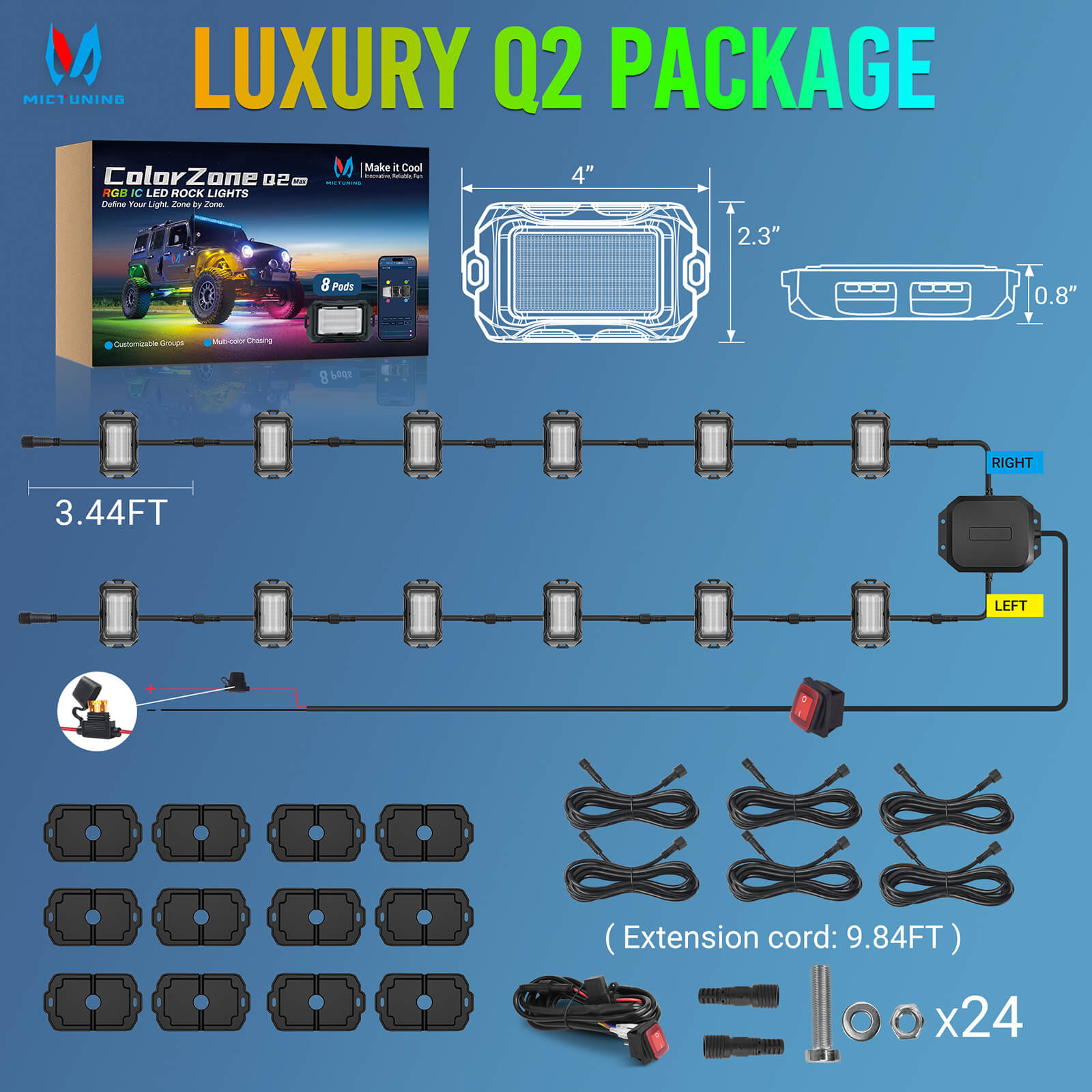 Newest Q2 MAX RGB+IC Rock Lights, 8-16 Pods Multi-Color DIY Effect Underglow Neon Kit, Individual Group Control, APP Control