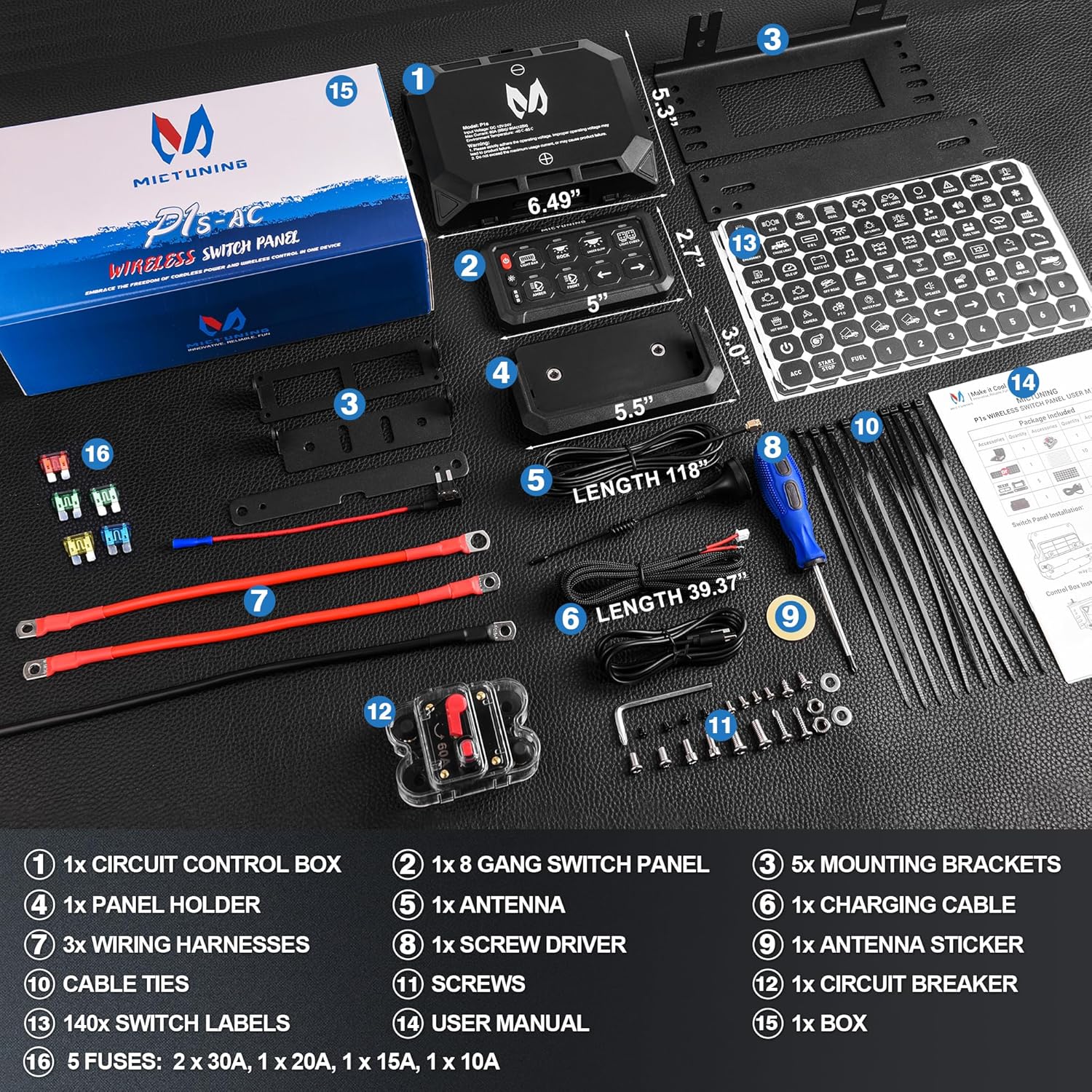 MICTUNING P1s-AC Wireless Cordless RGB Switch Panel 8/12 Gang, Up to 165FT/265FT Range, Aluminum Multifunction Removable Panel