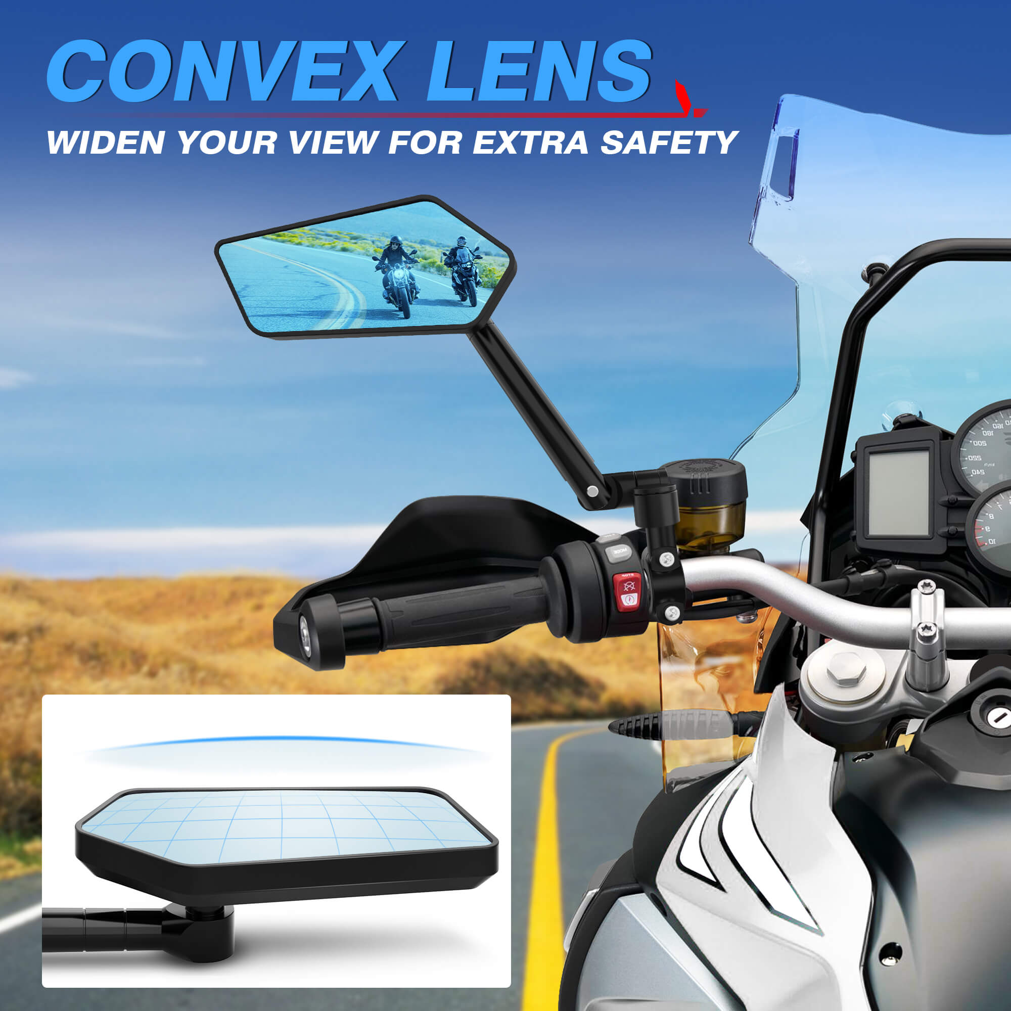 Pentagonal Bike Rearview Mirrors Anti-glare Convex Blue Lens, Aluminum Alloy, 360° Rotatable with M8 M10 Socket or 22mm Diameter Handlebar
