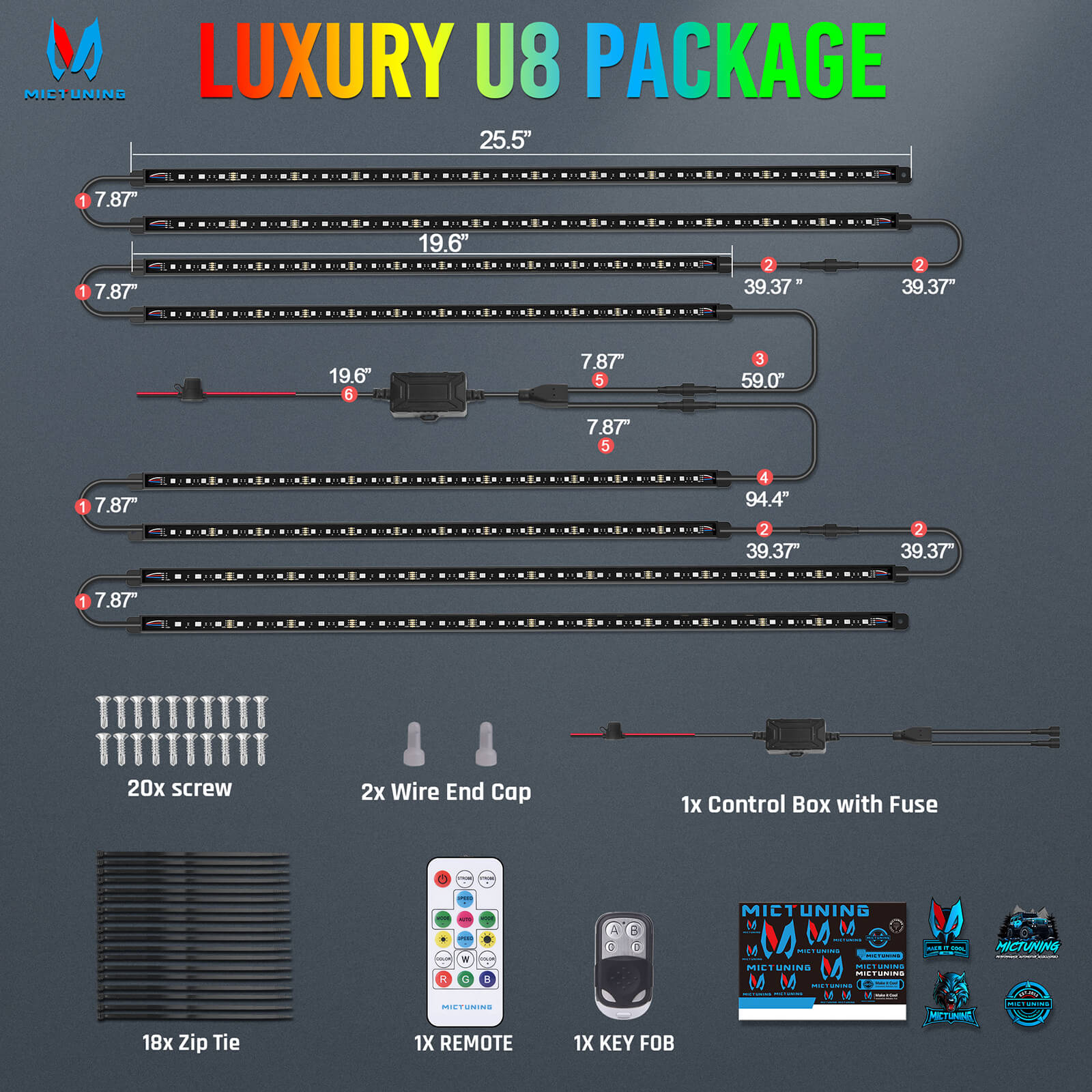 U8 RGB+IC/RGBW/RGB Underglow LED Light Bar, Dual Remote Control, Chasing Color Underbody Light Strip with Aluminum Housing, IP68 Waterproof, 8pcs