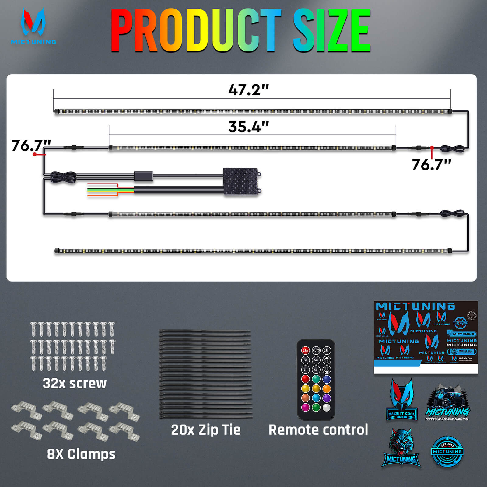 RGB+IC Car Underglow Neon Accent Strip Lights, APP & Remote Control, Sound Active Function, Music Mode(2x35″+2x47″/4x35″+2x47″ )