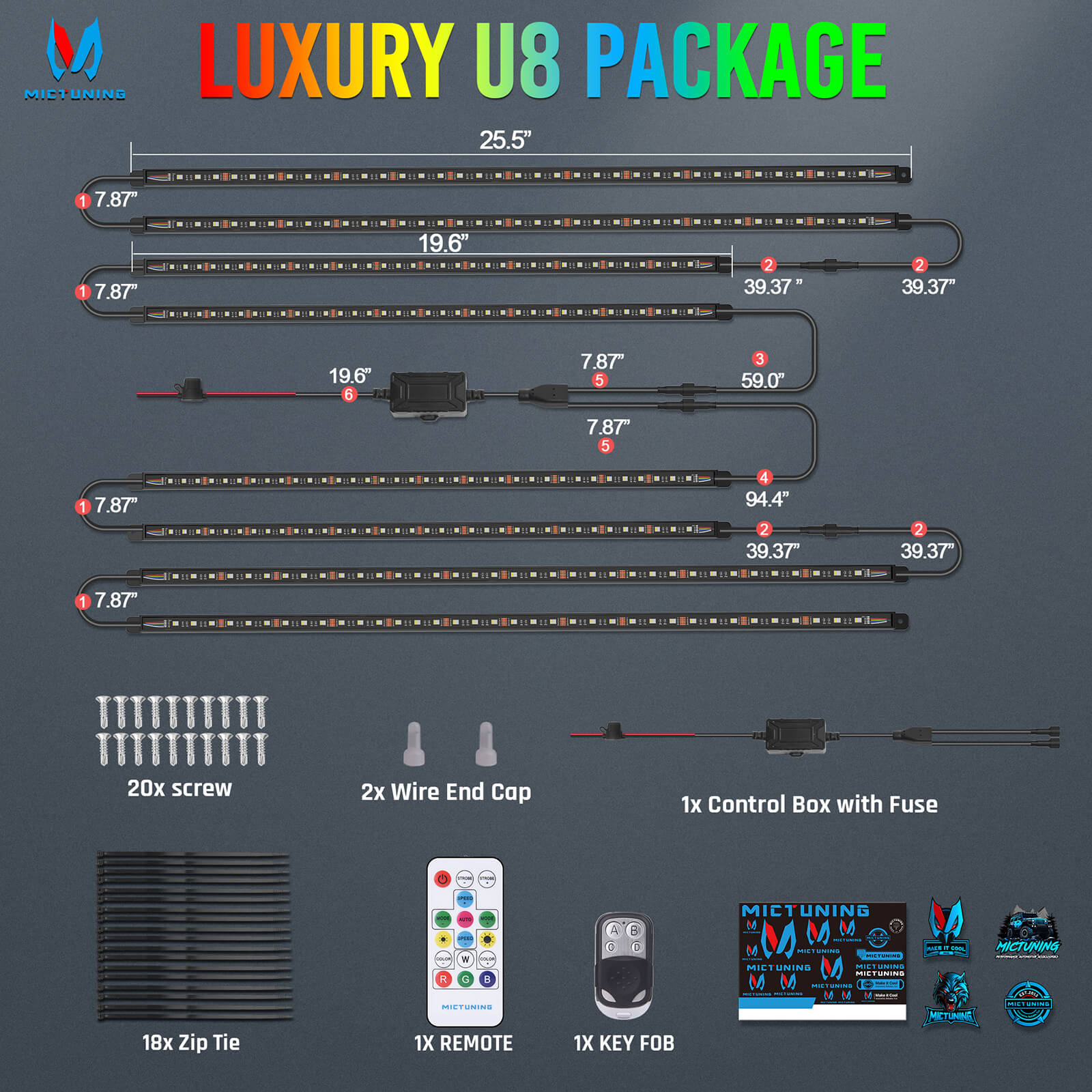 U8 RGB+IC/RGBW/RGB Underglow LED Light Bar, Dual Remote Control, Chasing Color Underbody Light Strip with Aluminum Housing, IP68 Waterproof, 8pcs