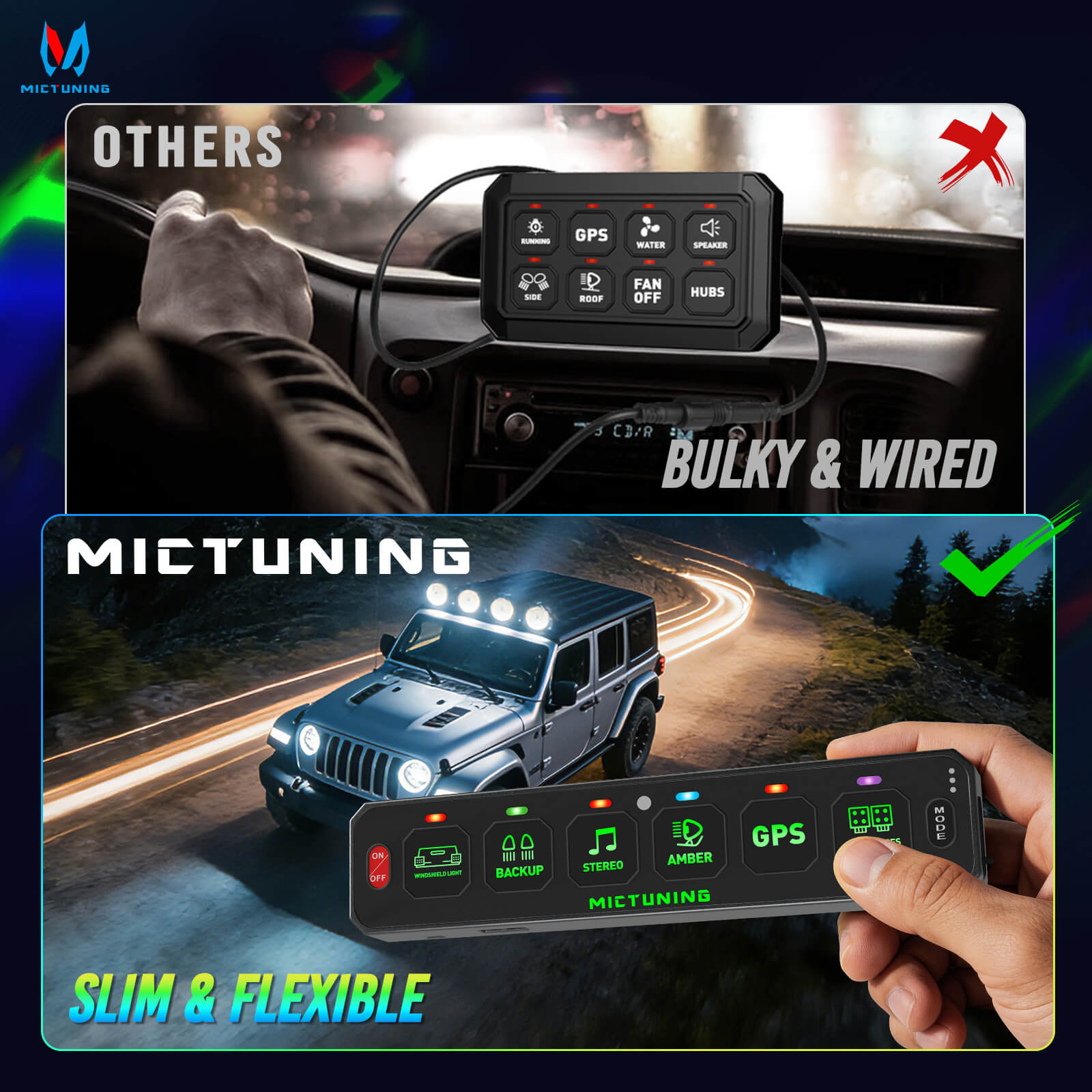 MS-W Slim Wireless Switch Panel, Up to 208FT Range, 6 Gang/8 Gang Toggle Momentary Strobe Pulsed Flash, RGB Dimmable Backlit