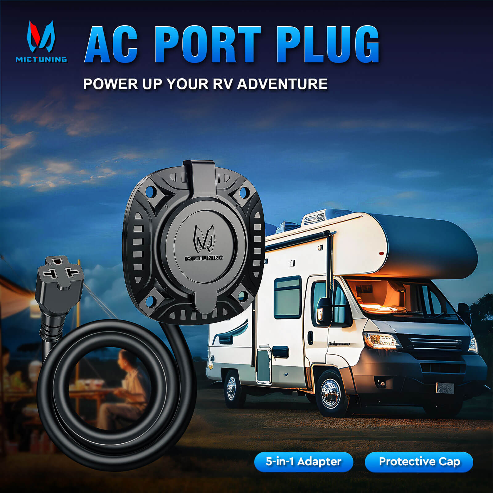 5-in-1 AC Port Plug 20A 125V, RV Shore Power Inlet Plug with T-Blade Adapter