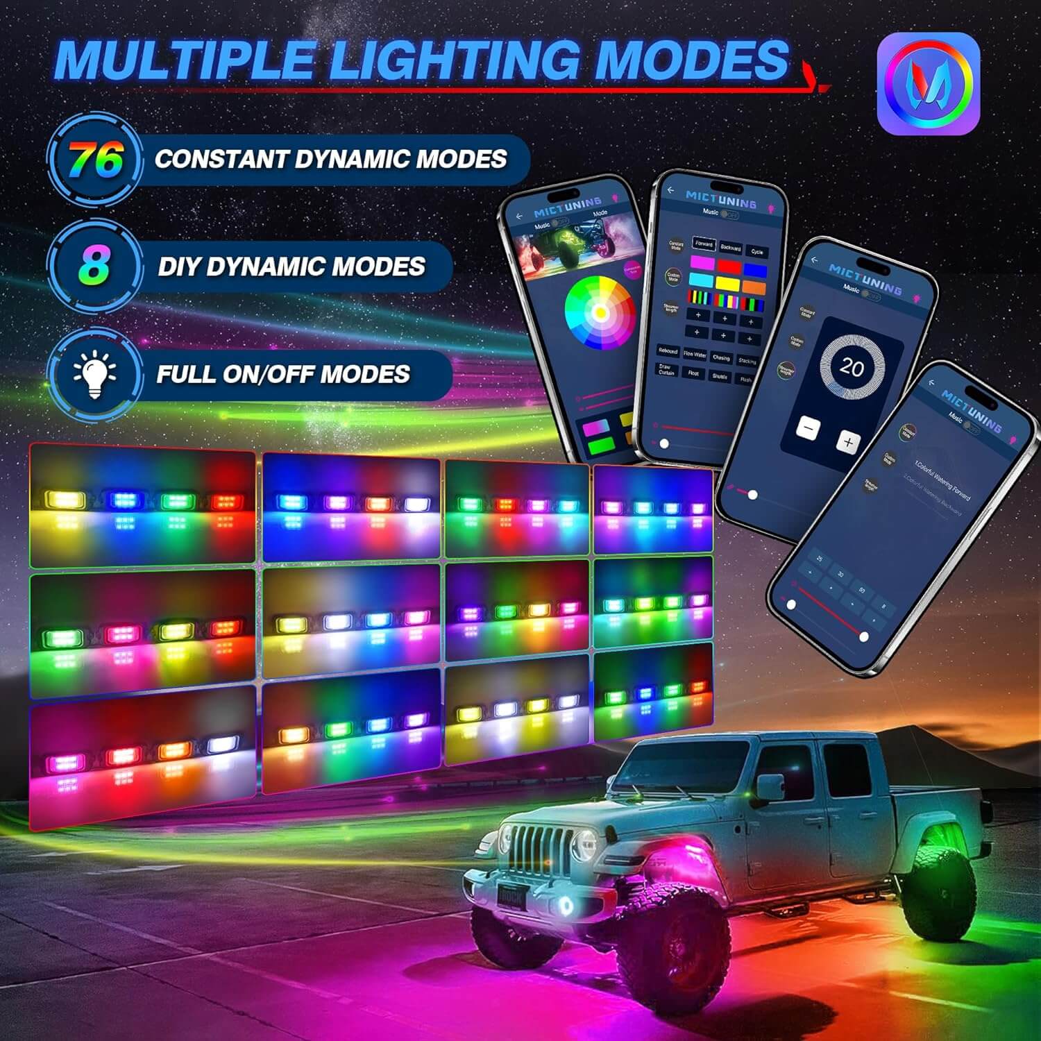 Three-Piece RGB+IC Collection, C2 RGB+IC Rock Lights 8 Pods, 4ft W1 Whip Lights Kit with 15.5″ Chasing Color Wheel Ring Lights