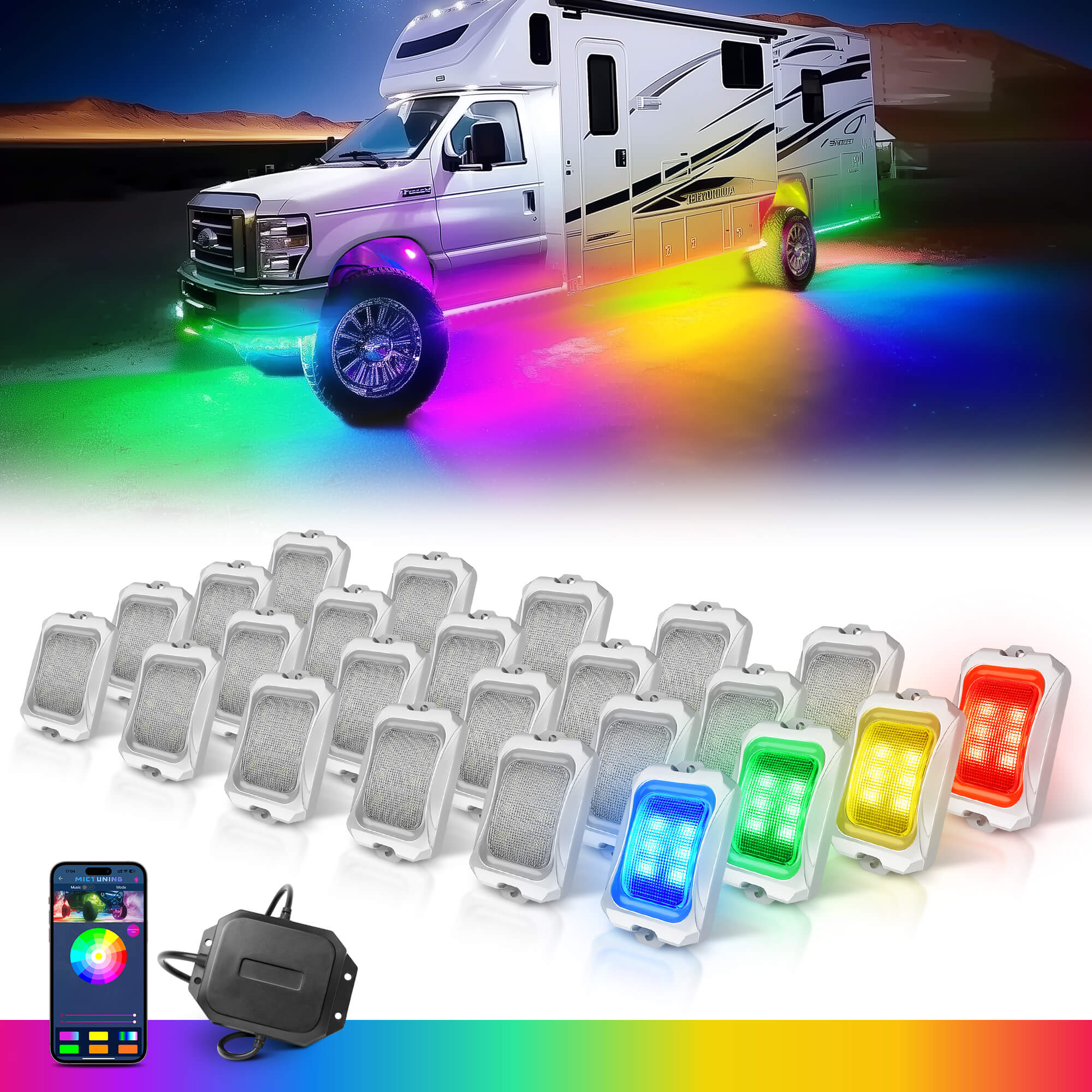 C2 Max RGB+IC Chasing Color Rock Lights Kit, 8-24 Pods, IP68 Waterproof, White Housing
