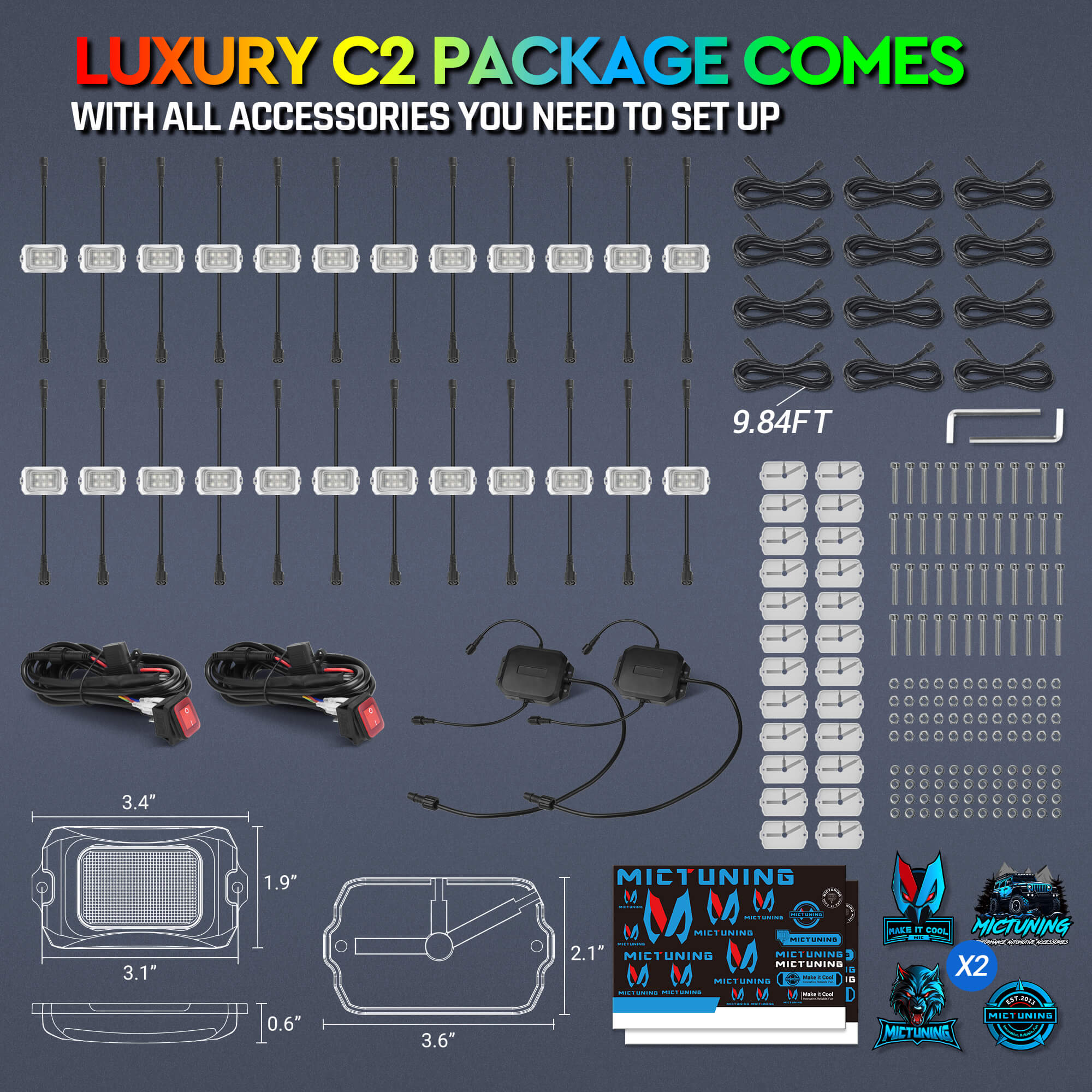 C2 Max RGB+IC Chasing Color Rock Lights Kit, 8-24 Pods, IP68 Waterproof, White Housing