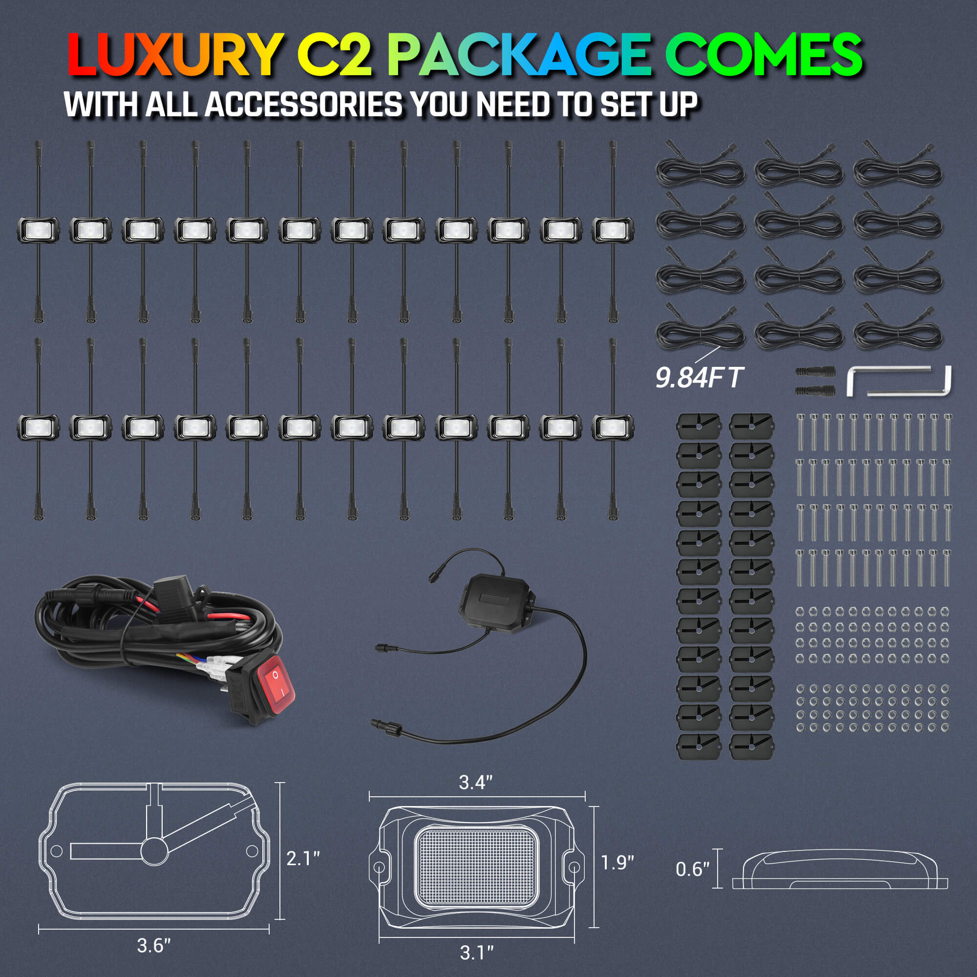 P1Y RGB Switch Panel with Remote Control Bundle with C2 RGB+IC LED Rock Lights Kit 8-24 Pods