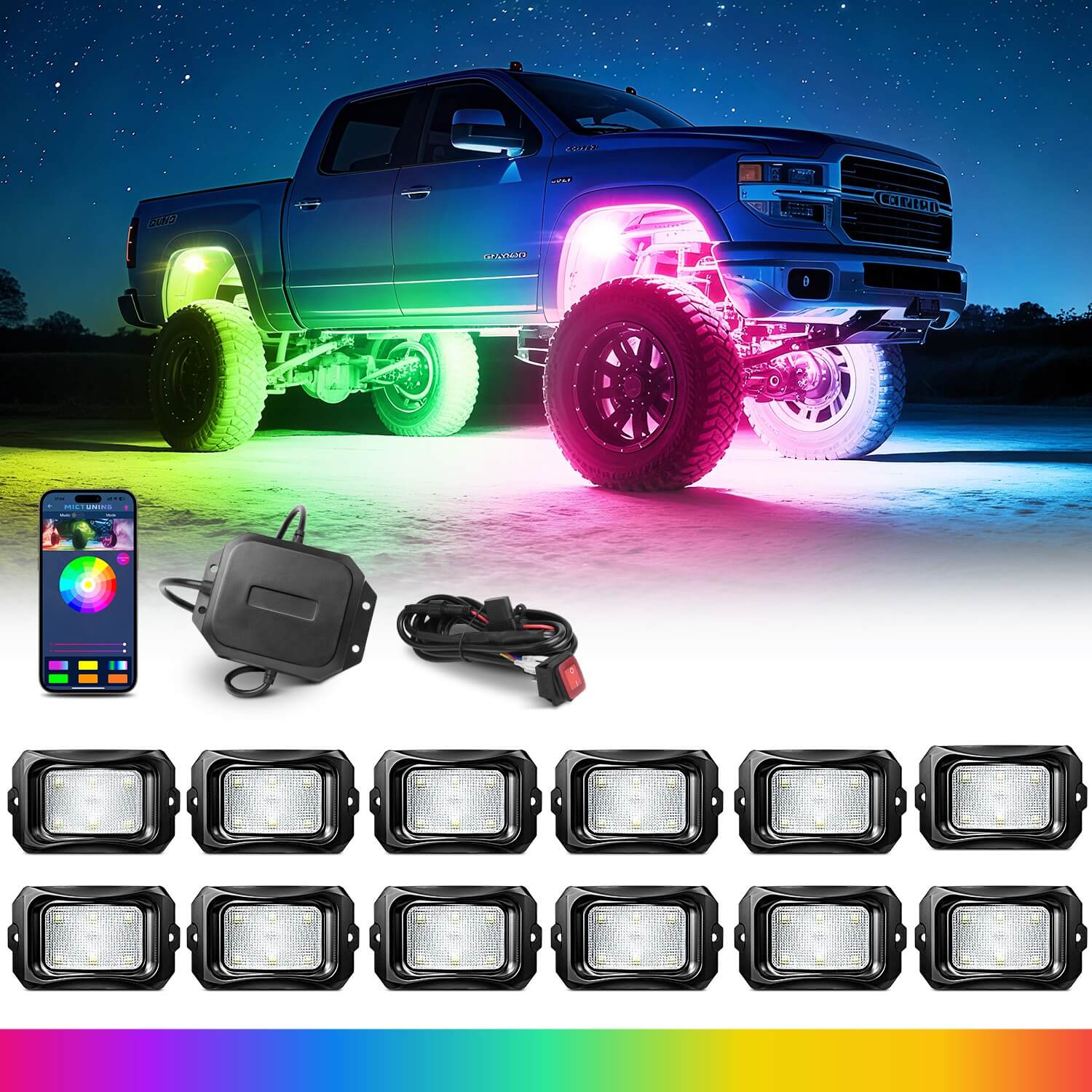 C2 Max RGB+IC Chasing Color Rock Lights Kit, 2-24 Pods, IP68 Waterproof, Black Housing