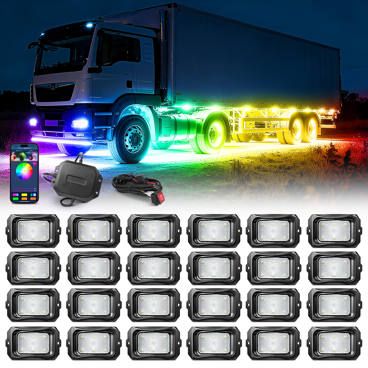 C2 Max RGB+IC Chasing Color Rock Lights Kit, 2-24 Pods, IP68 Waterproof, Black Housing