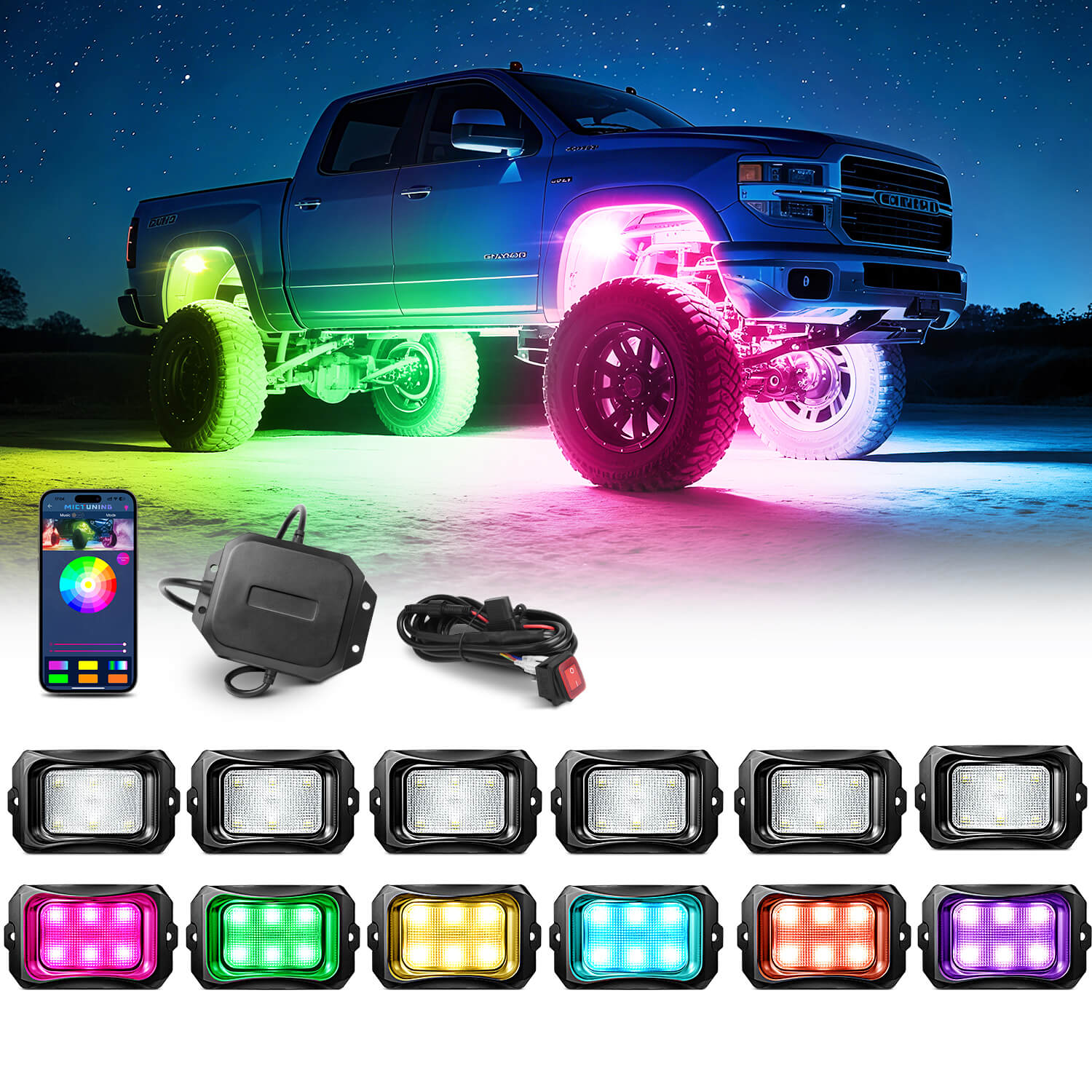 C2 Max RGB+IC Chasing Color Rock Lights Kit, 2-24 Pods, IP68 Waterproof, Black Housing