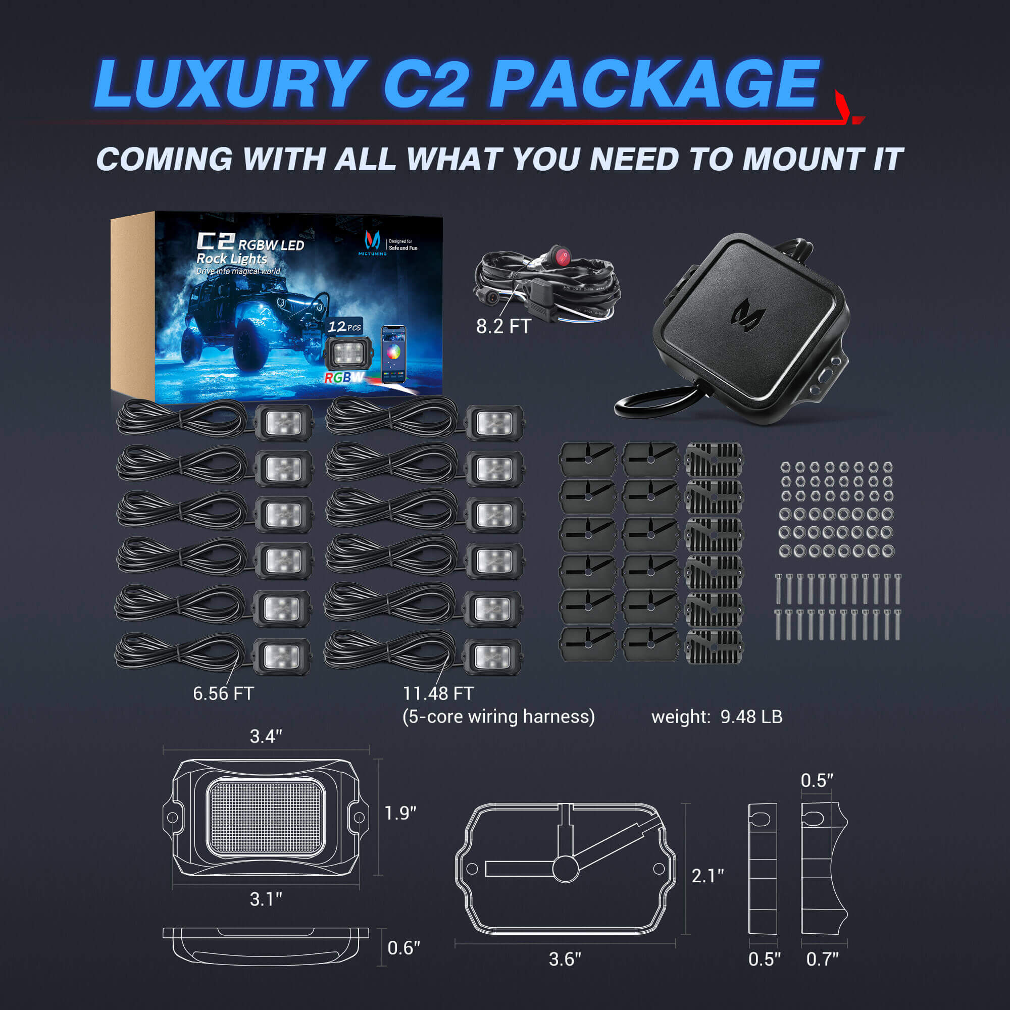 C2 RGBW LED Rock Lights Kit 8-16 Pods Bundle with P1s-W Wireless RGB Switch Panel 8/12 Gang, Up to 328FT Range