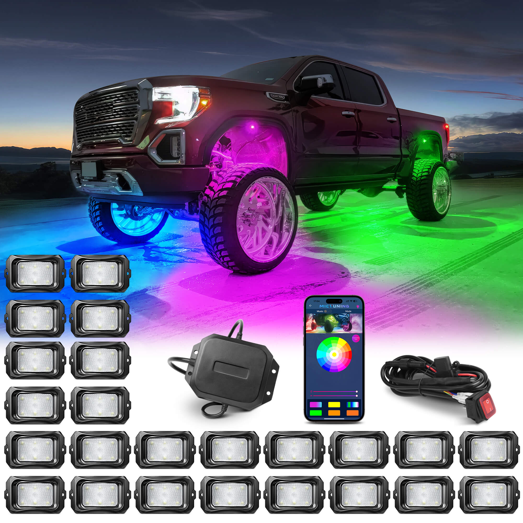 C2 Max RGB+IC Chasing Color Rock Lights Kit, 2-24 Pods, IP68 Waterproof, Black Housing