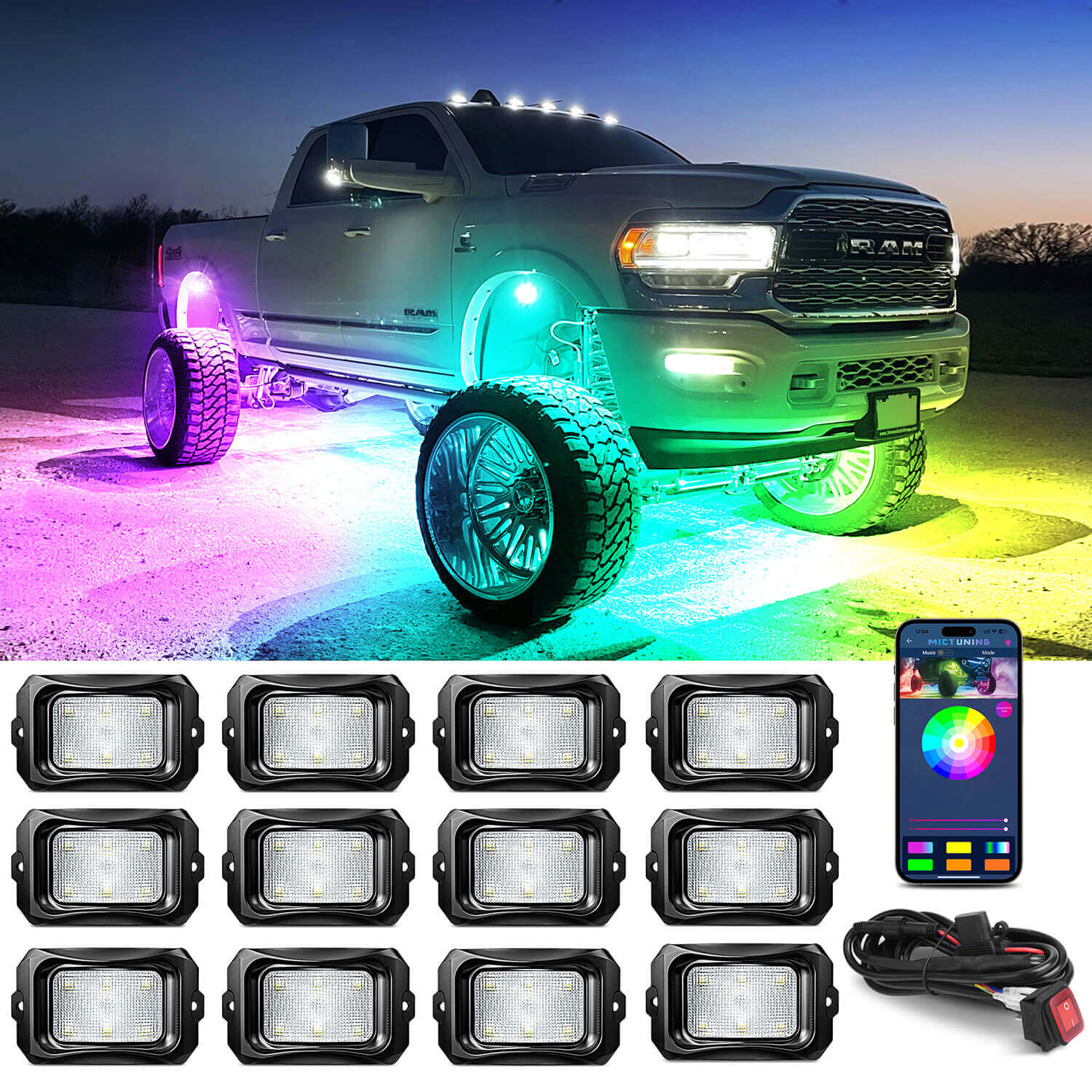 C2 Max RGB+IC Chasing Color Rock Lights Kit, 2-24 Pods, IP68 Waterproof, Black Housing