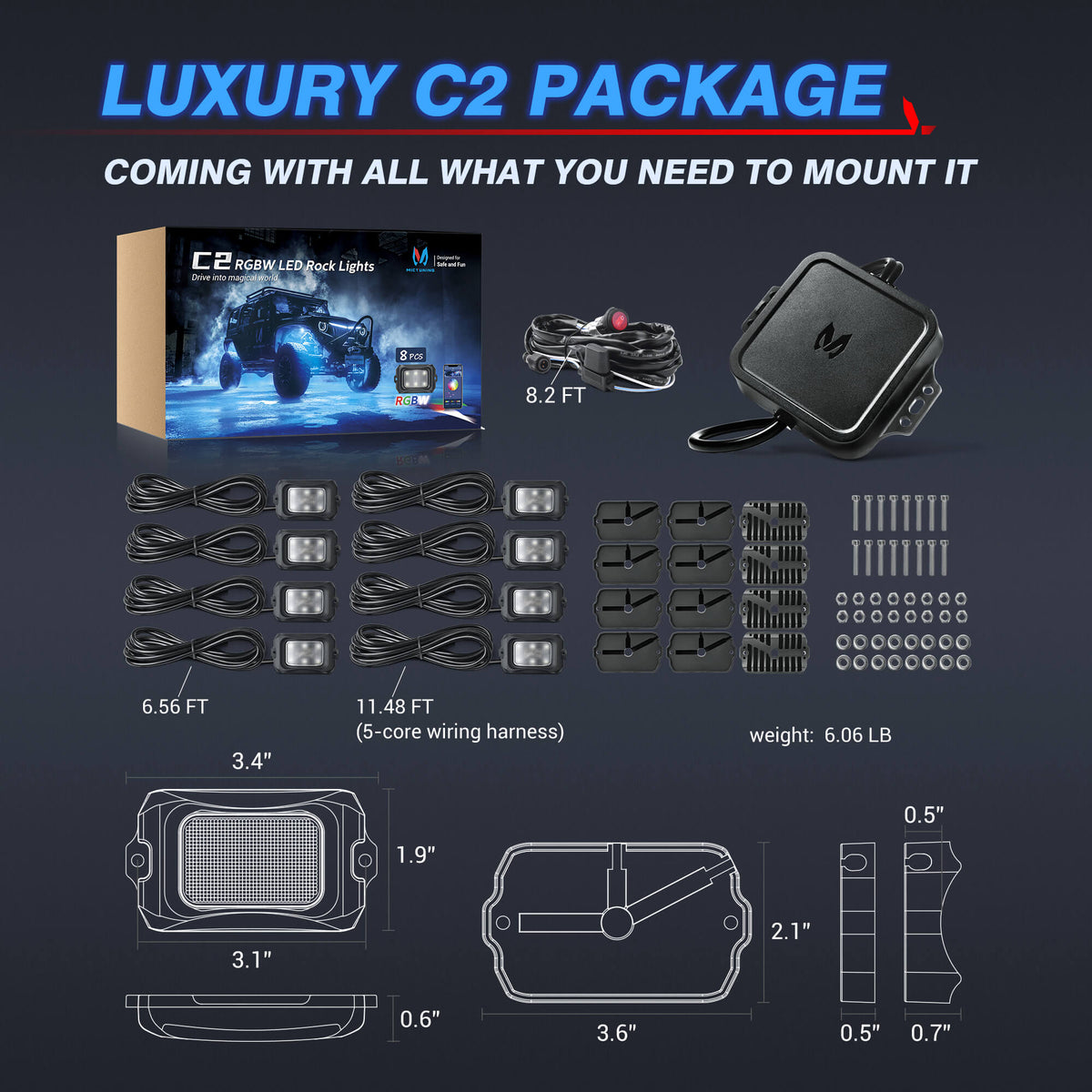 P1s-AC-APP Wireless Switch Panel with App Control, 8/12 Gang Bundle with C2 Curved RGBW LED Rock Lights - 4-16 Pods
