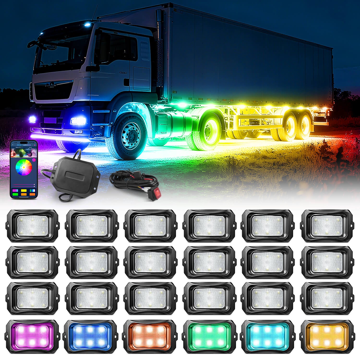 C2 Max RGB+IC Chasing Color Rock Lights Kit, 2-24 Pods, IP68 Waterproof, Black Housing