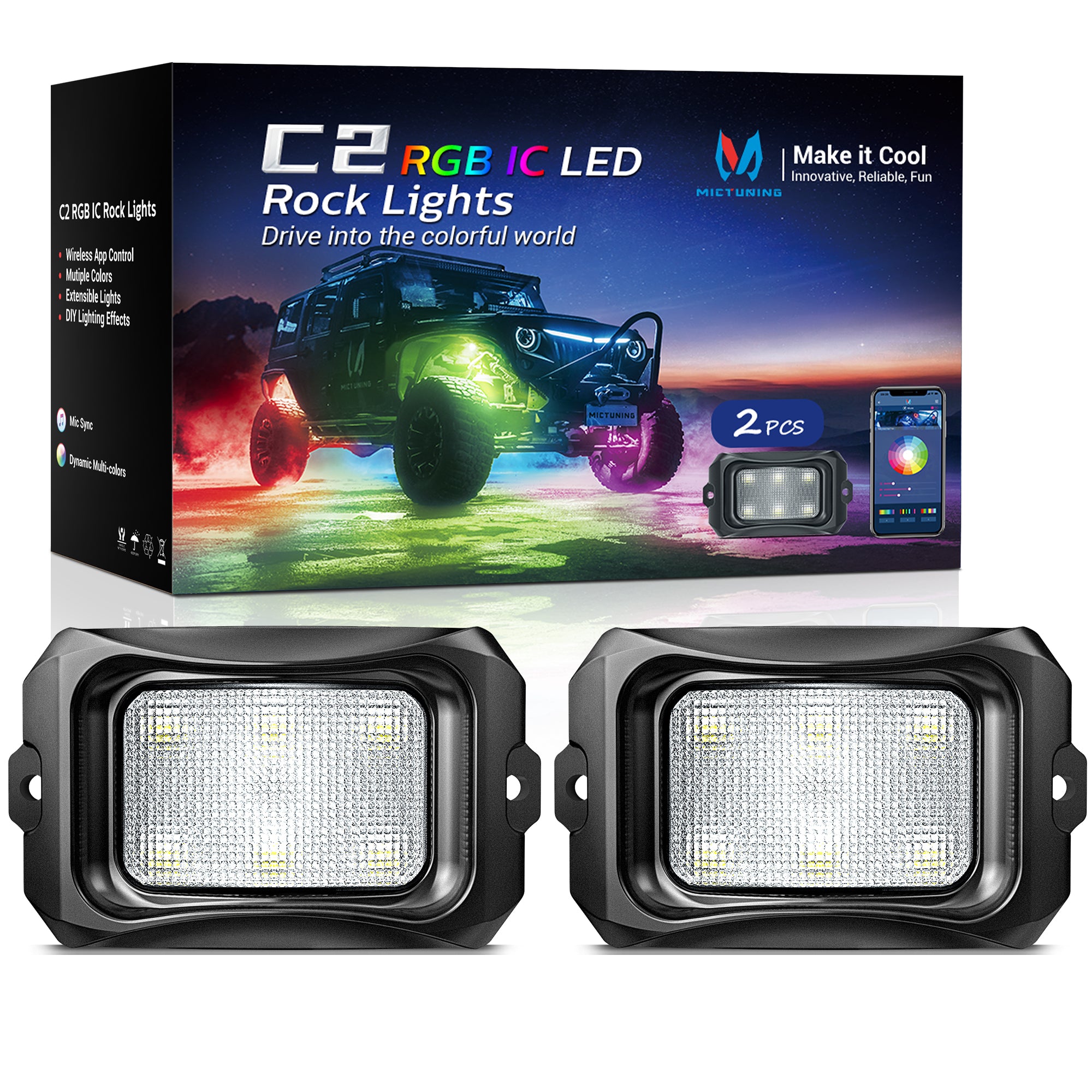 C2 Max RGB+IC Chasing Color Rock Lights Kit, 2-24 Pods, IP68 Waterproof, Black Housing