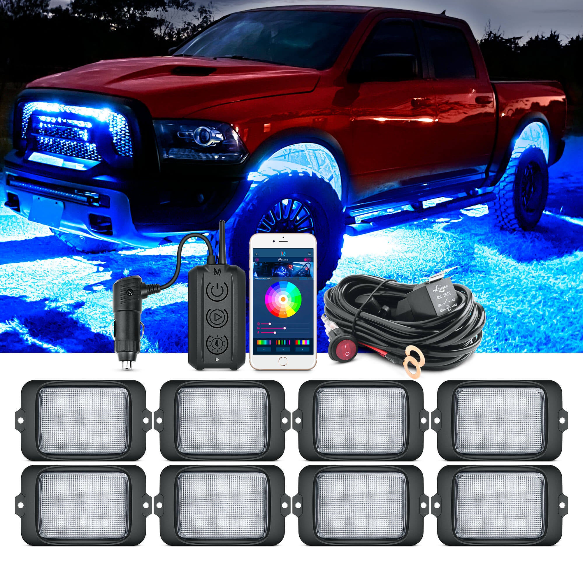 C3 Extensible RGBW LED Rock Lights - 8 Pods Wireless Control Multi-Color Neon Underglow Lights