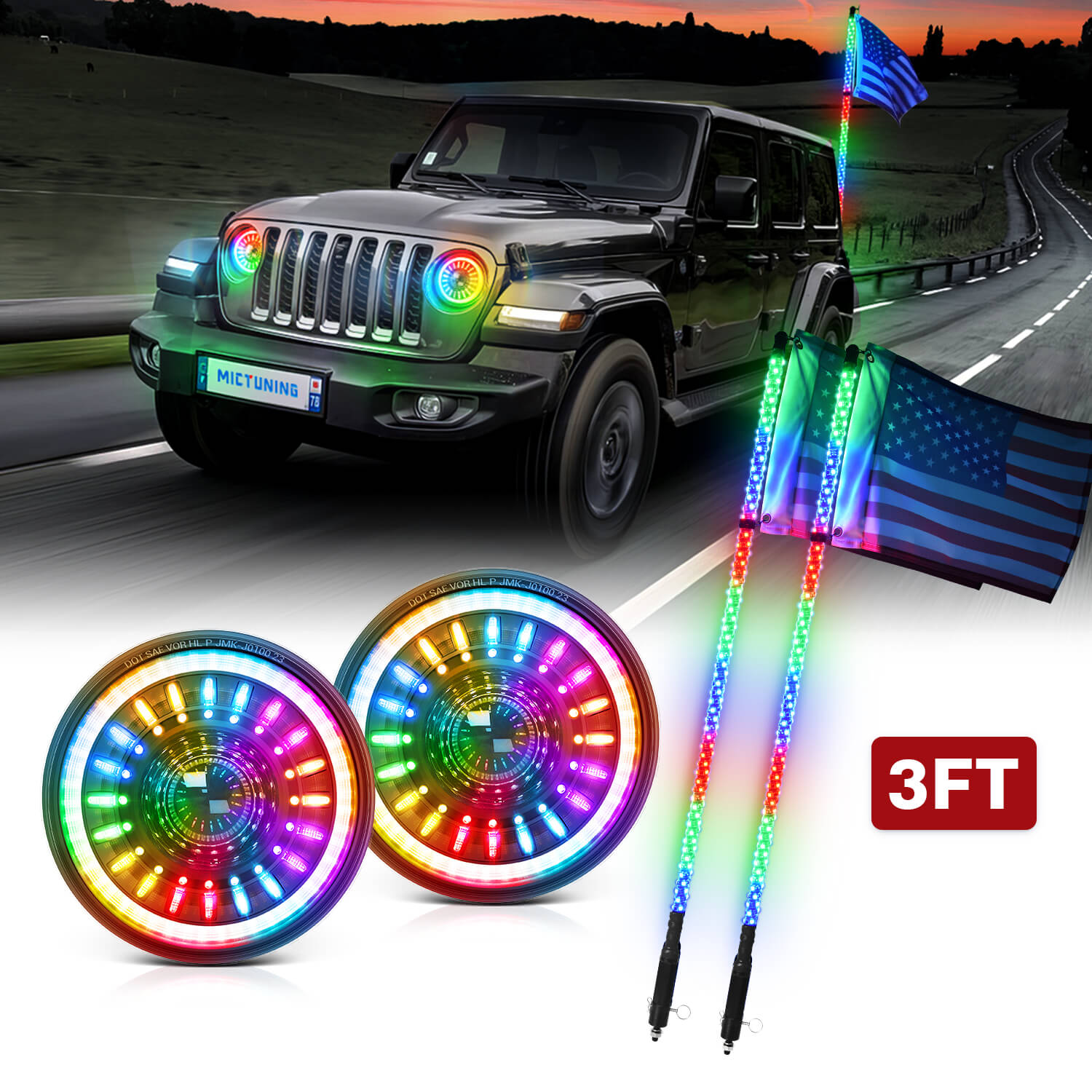 J1 RGB+IC 7″ Anti-glare LED Headlights Bundle with W1 3FT/4FT LED Whip Lights