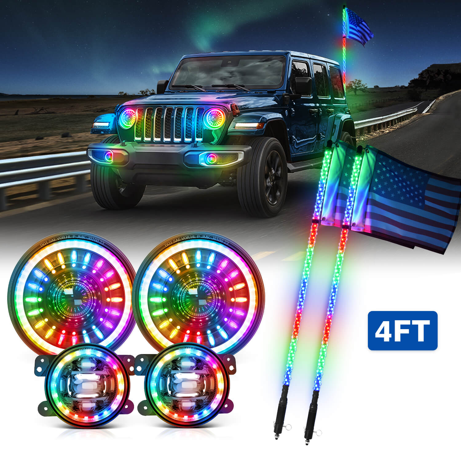 J1 RGB+IC 7″ Anti-glare LED Headlights Bundle with W1 3FT/4FT LED Whip Lights
