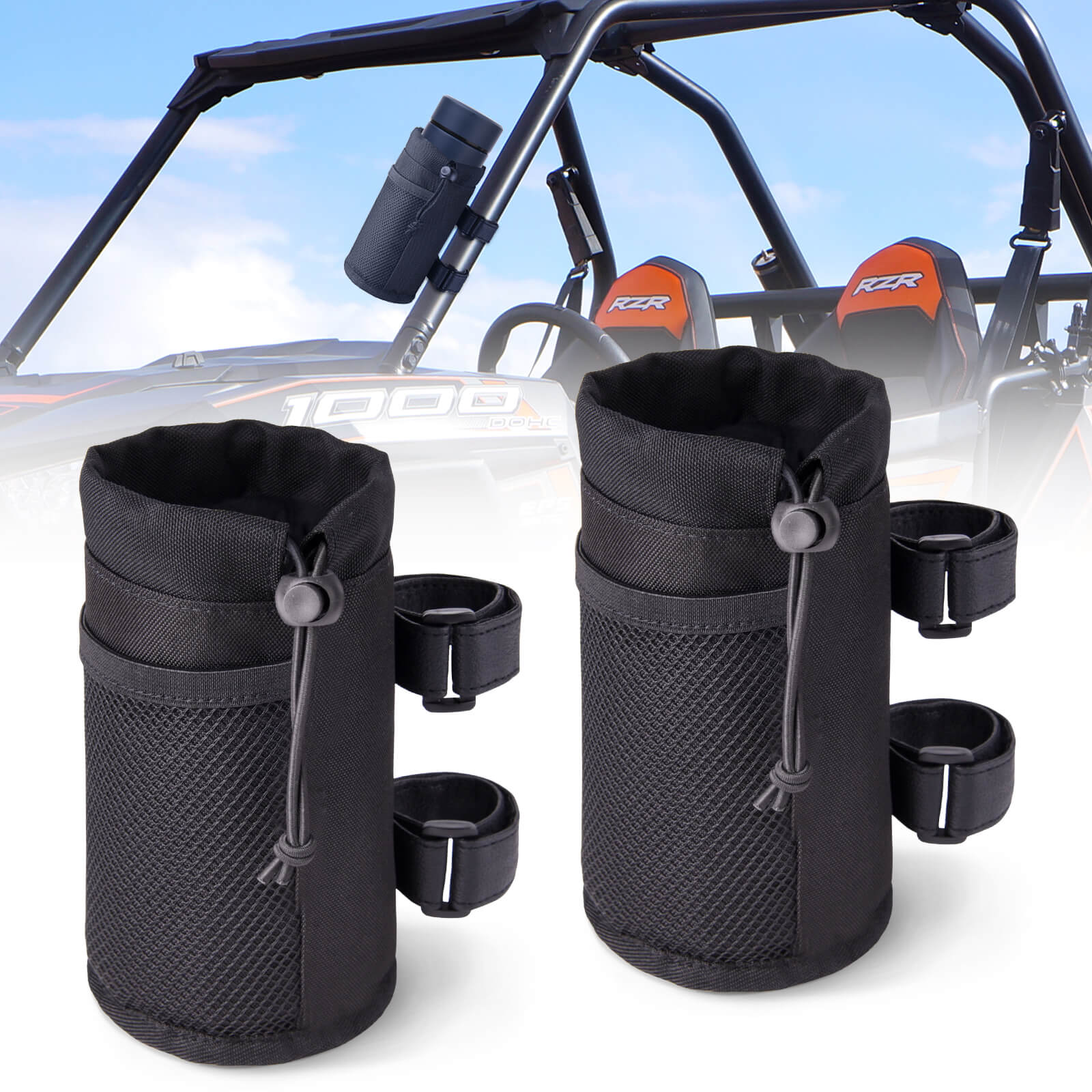UTV Roll Bar Cup Holder with Net Pocket and Drawstring Closure - Collapsible Adjustable Drink Holder