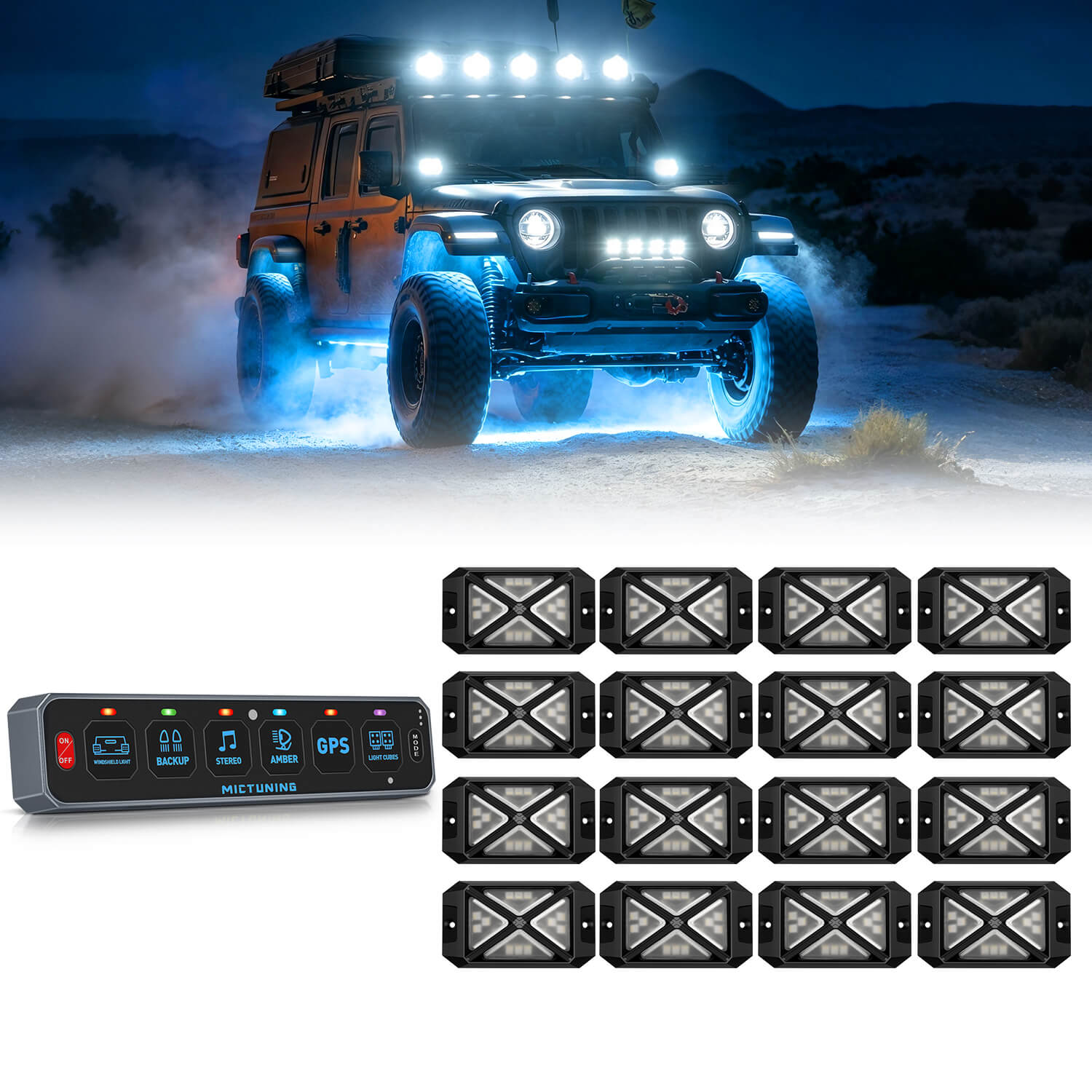 MS-W Slim Wireless Switch Panel Up to 208FT Range 6 Gang/8 Gang Bundle with C4 4-Sided RGBW LED Rock Lights 8-16 Pods