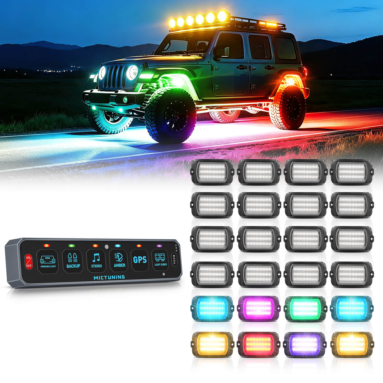 MS-W Slim Wireless Switch Panel Up to 208FT Range 6 Gang/8 Gang Bundle with Q1 Max RGB+IC Rock Lights Chasing Dream Color 8-24 Pods