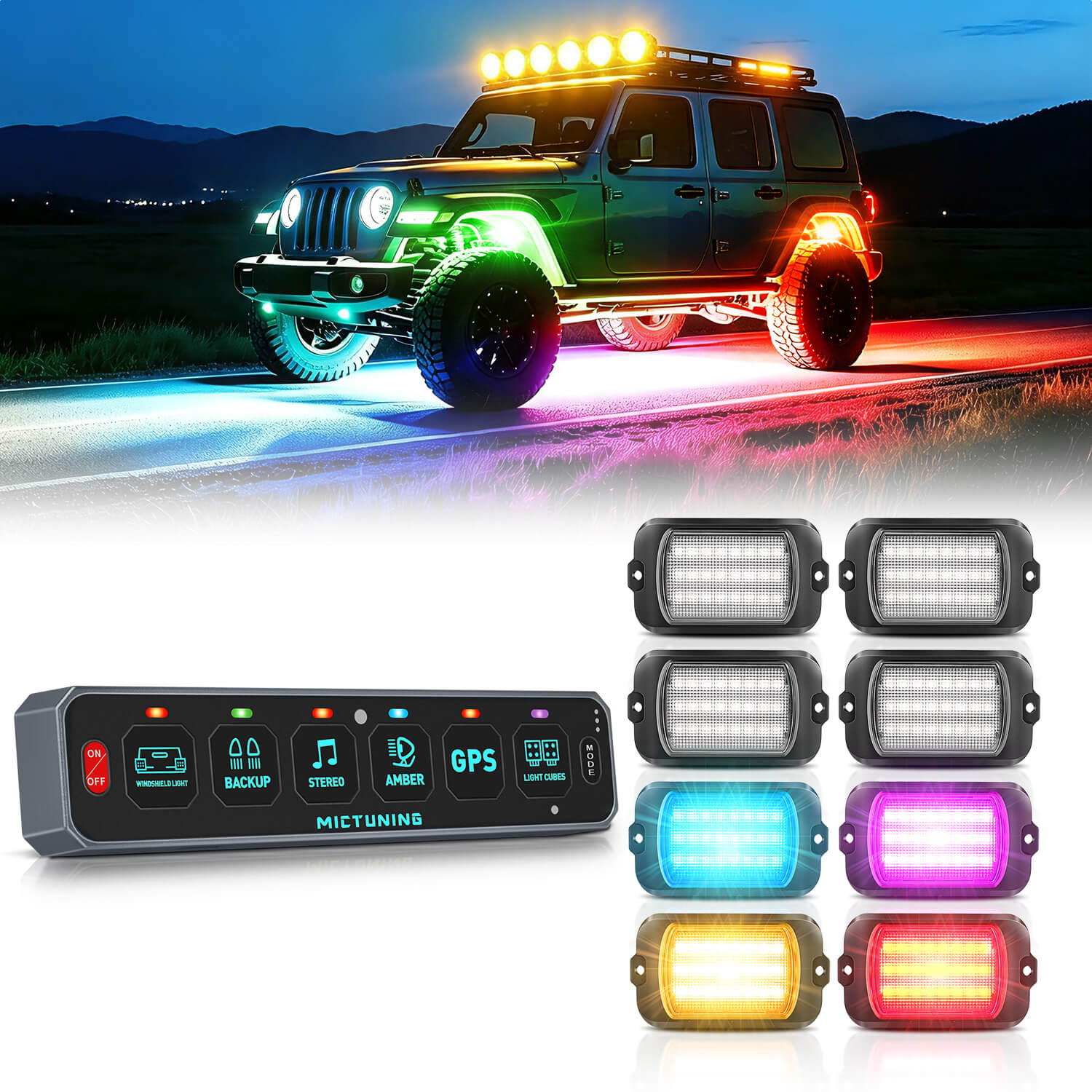 MS-W Slim Wireless Switch Panel Up to 208FT Range 6 Gang/8 Gang Bundle with Q1 Max RGB+IC Rock Lights Chasing Dream Color 8-24 Pods