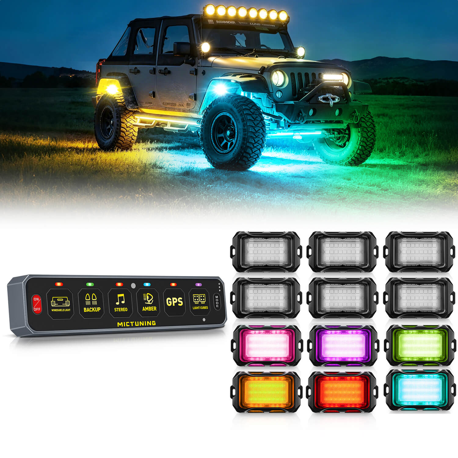 MS-W Slim Wireless Switch Panel Up to 208FT Range 6 Gang/8 Gang Bundle with Q2 MAX RGB+IC Rock Lights Individual Group Control, 8-16 Pods