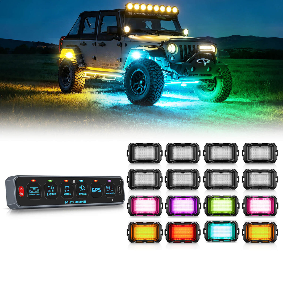 MS-W Slim Wireless Switch Panel Up to 208FT Range 6 Gang/8 Gang Bundle with Q2 MAX RGB+IC Rock Lights Individual Group Control, 8-16 Pods