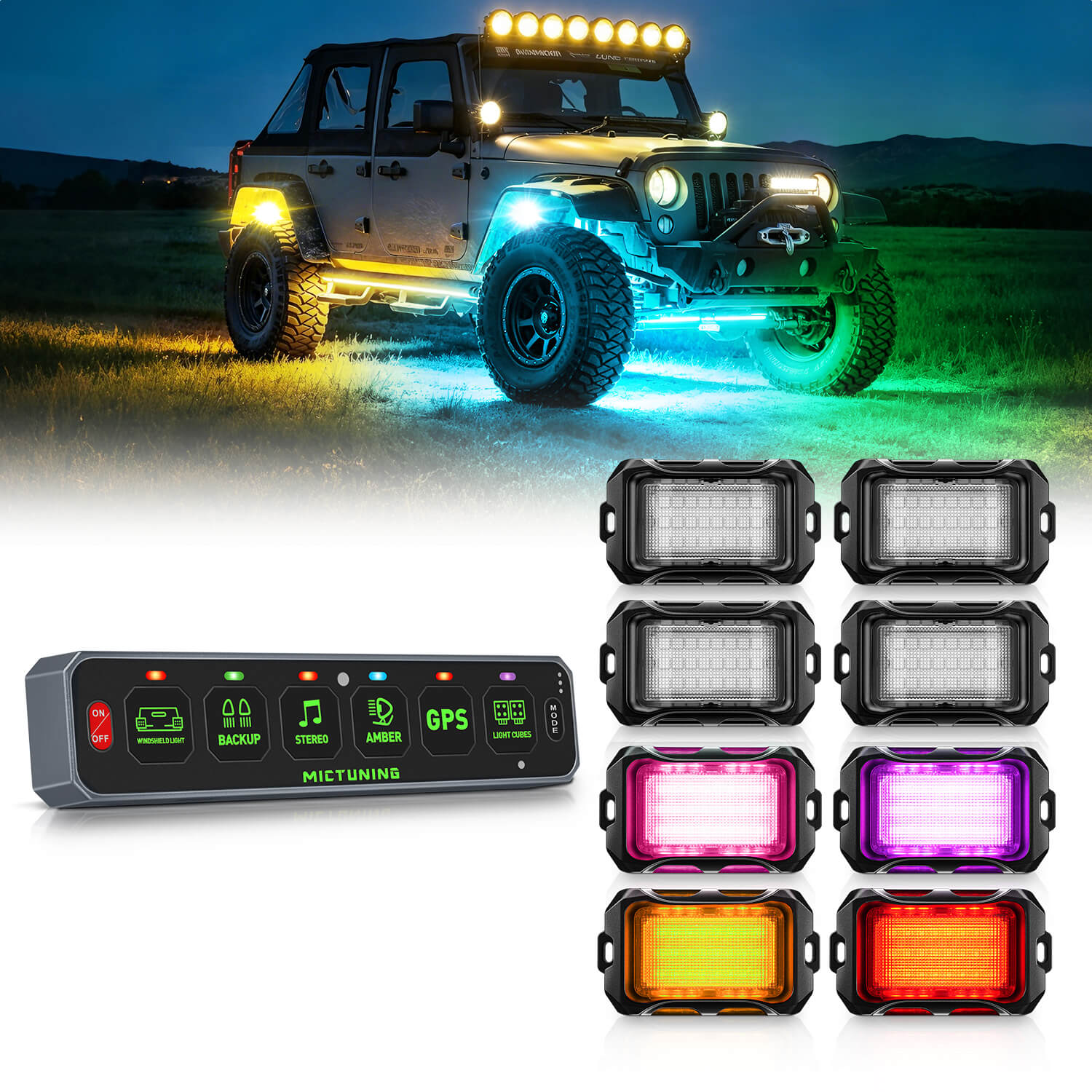 MS-W Slim Wireless Switch Panel Up to 208FT Range 6 Gang/8 Gang Bundle with Q2 MAX RGB+IC Rock Lights Individual Group Control, 8-16 Pods