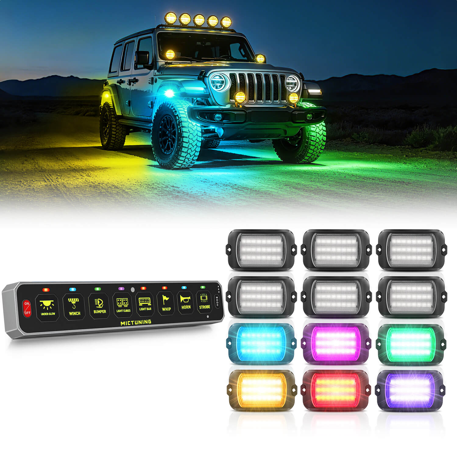 MS-W Slim Wireless Switch Panel Up to 208FT Range 6 Gang/8 Gang Bundle with Q1 Max RGB+IC Rock Lights Chasing Dream Color 8-24 Pods