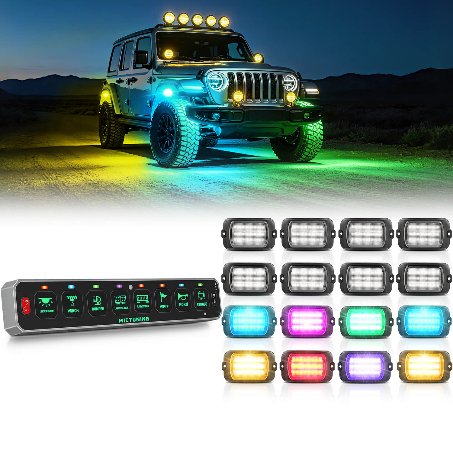 MS-W Slim Wireless Switch Panel Up to 208FT Range 6 Gang/8 Gang Bundle with Q1 Max RGB+IC Rock Lights Chasing Dream Color 8-24 Pods
