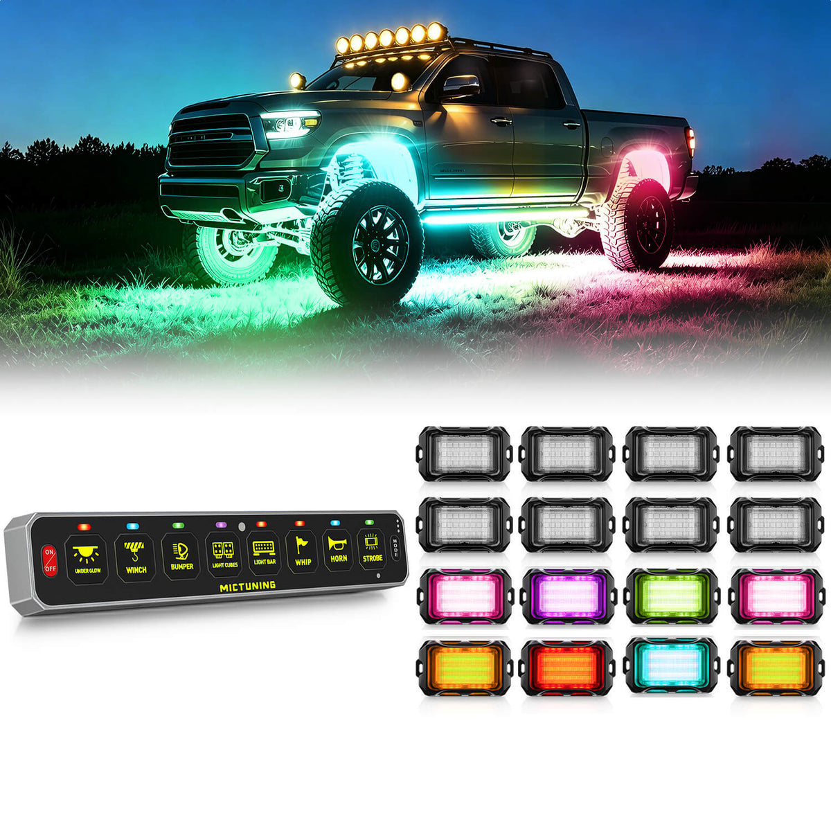 MS-W Slim Wireless Switch Panel Up to 208FT Range 6 Gang/8 Gang Bundle with Q2 MAX RGB+IC Rock Lights Individual Group Control, 8-16 Pods