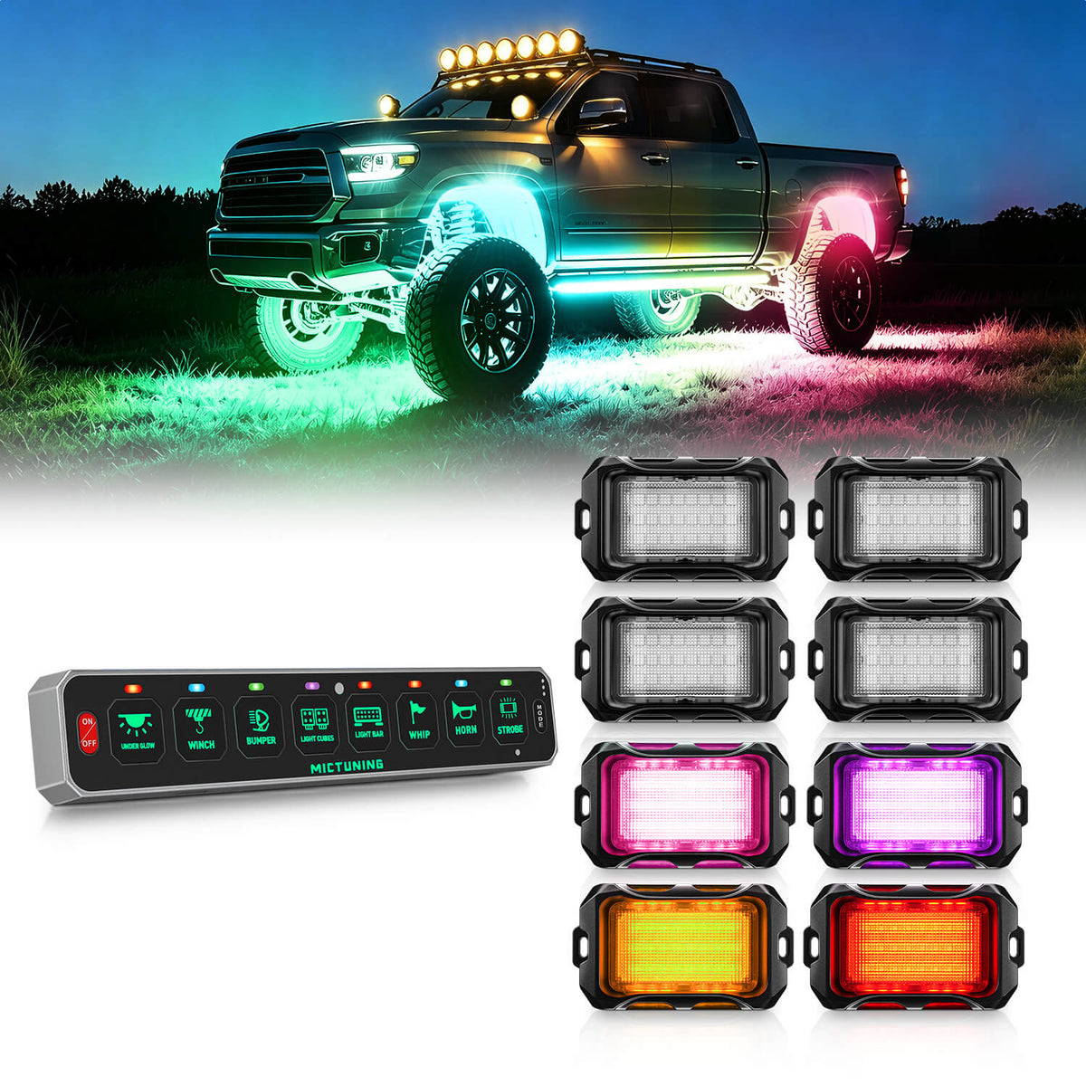 MS-W Slim Wireless Switch Panel Up to 208FT Range 6 Gang/8 Gang Bundle with Q2 MAX RGB+IC Rock Lights Individual Group Control, 8-16 Pods