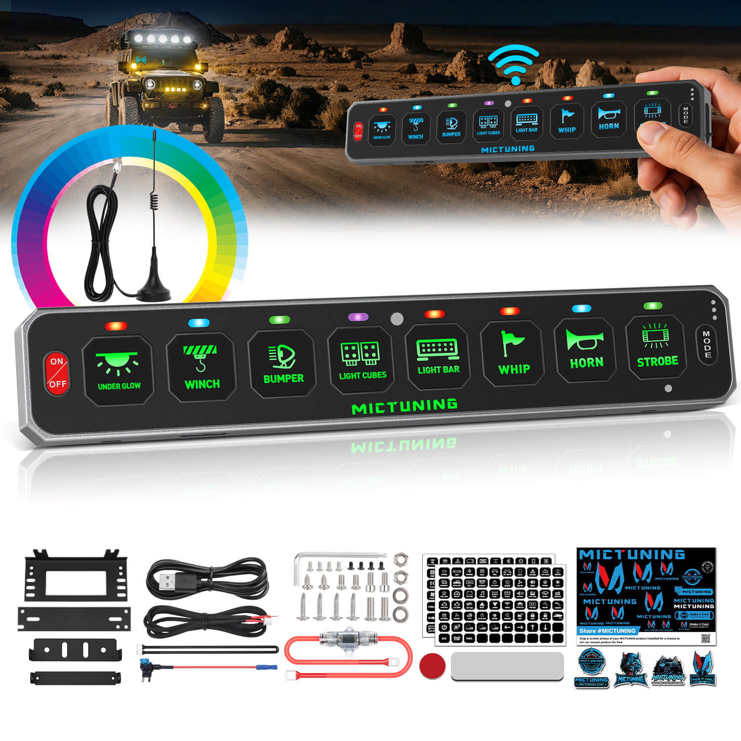 MS-W Slim Wireless Switch Panel, Up to 208FT Range, 6 Gang/8 Gang Toggle Momentary Strobe Pulsed Flash, RGB Dimmable Backlit