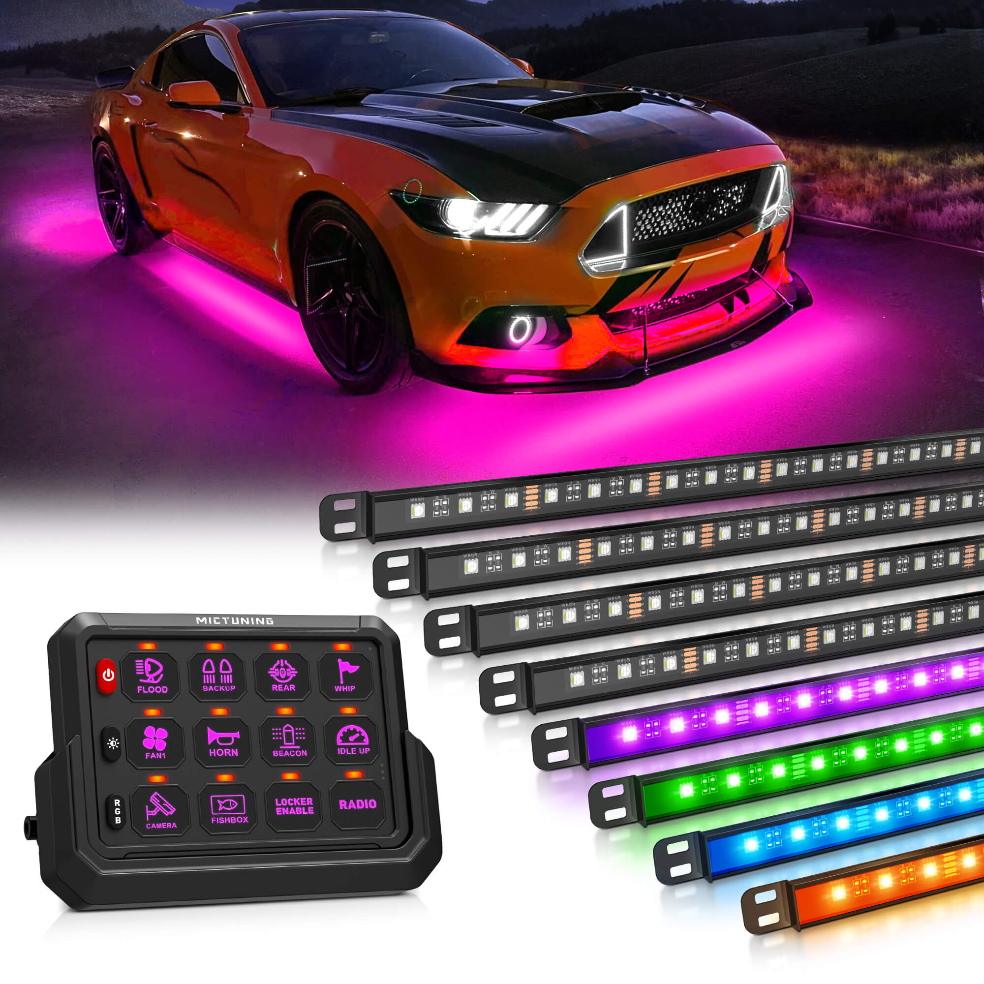 N8 RGBW/RGB+IC Car Underglow Light Kit Bundle with P1s-AC Wireless 8/12 Gang RGB Switch Panel