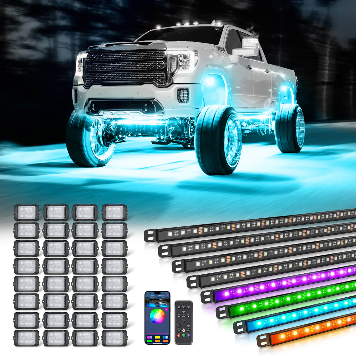 C3 Extensible RGBW LED Rock Lights 8-32 Pods Bundle with N8 RGBW LED Car Underglow Light Kit