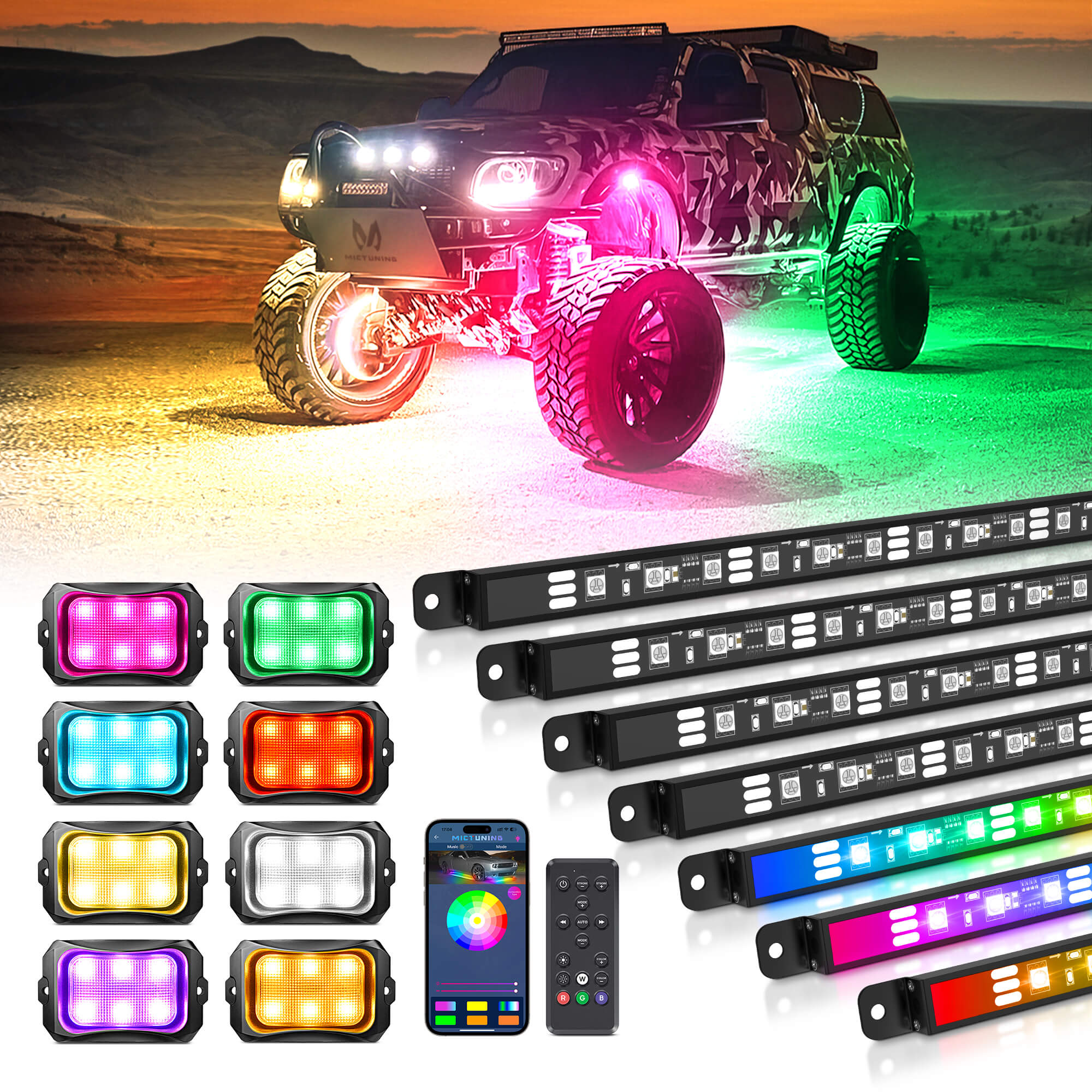 N8 RGB+IC LED Car Underglow Light Kit Bundle with C2 RGB+IC LED Rock Lights Kit 8-16 Pods