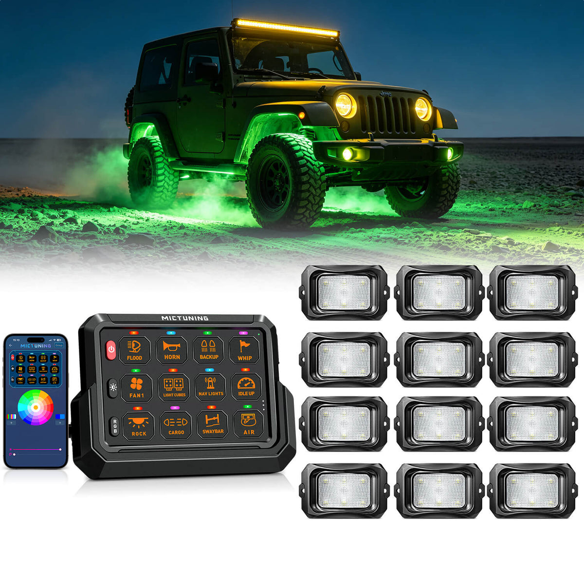 P1s-AC-APP Wireless Switch Panel with App Control, 8/12 Gang Bundle with C2 Curved RGBW LED Rock Lights - 4-16 Pods